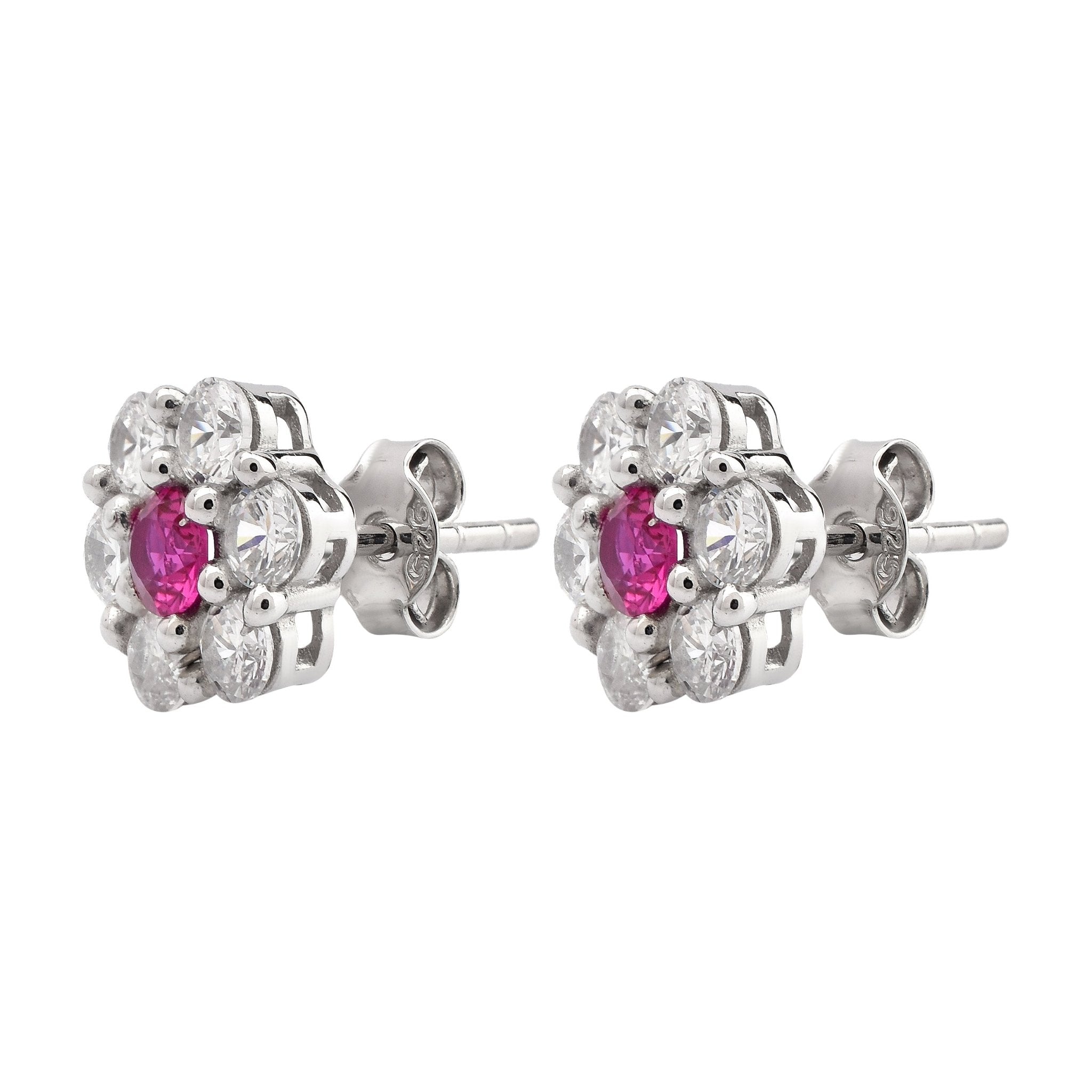 Silver White Gold Radiant Floral Centerpiece Ruby Earring For Women