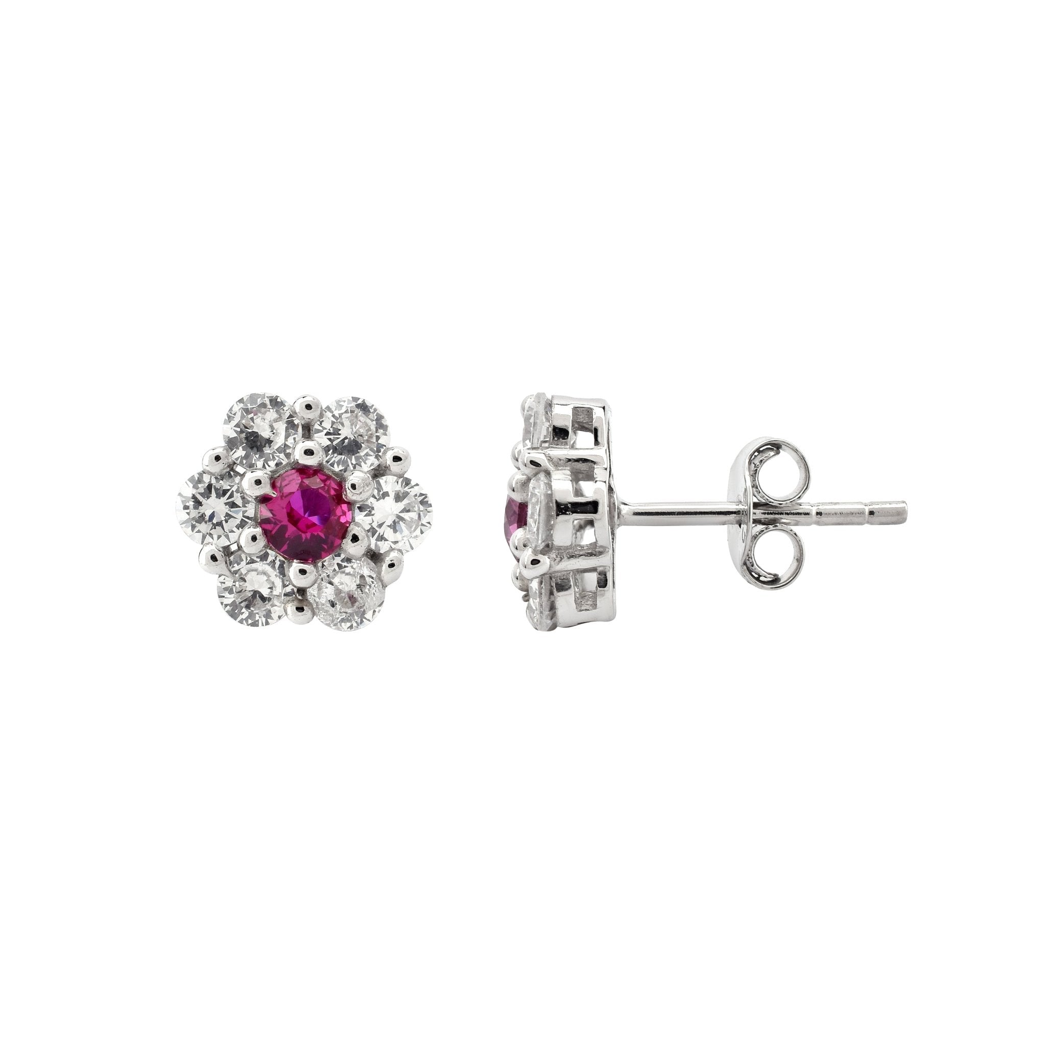 Silver White Gold Radiant Floral Centerpiece Ruby Earring For Women