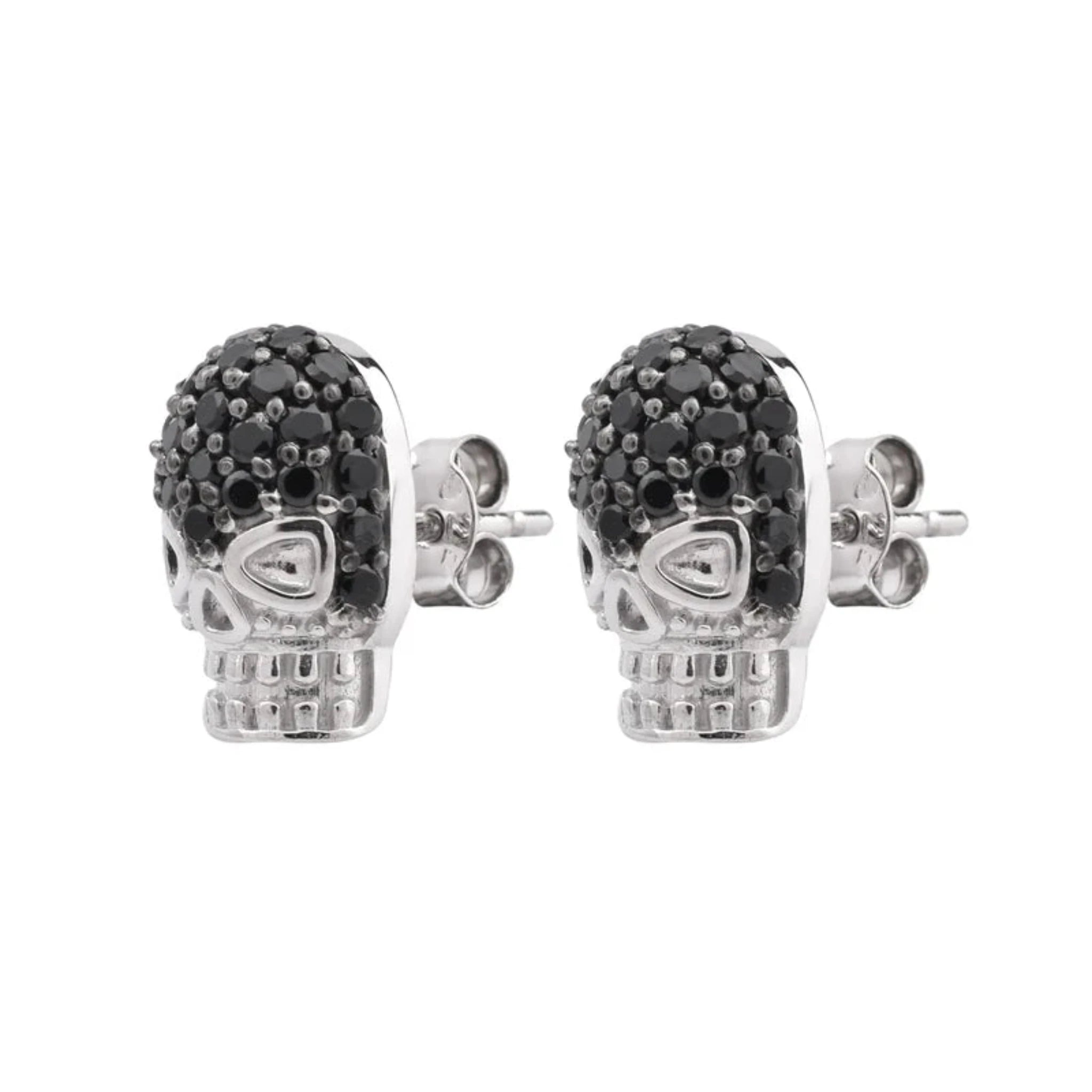 Silver Gothic Black CZ Style Studded Skull Small White Gold Earrings For Woman