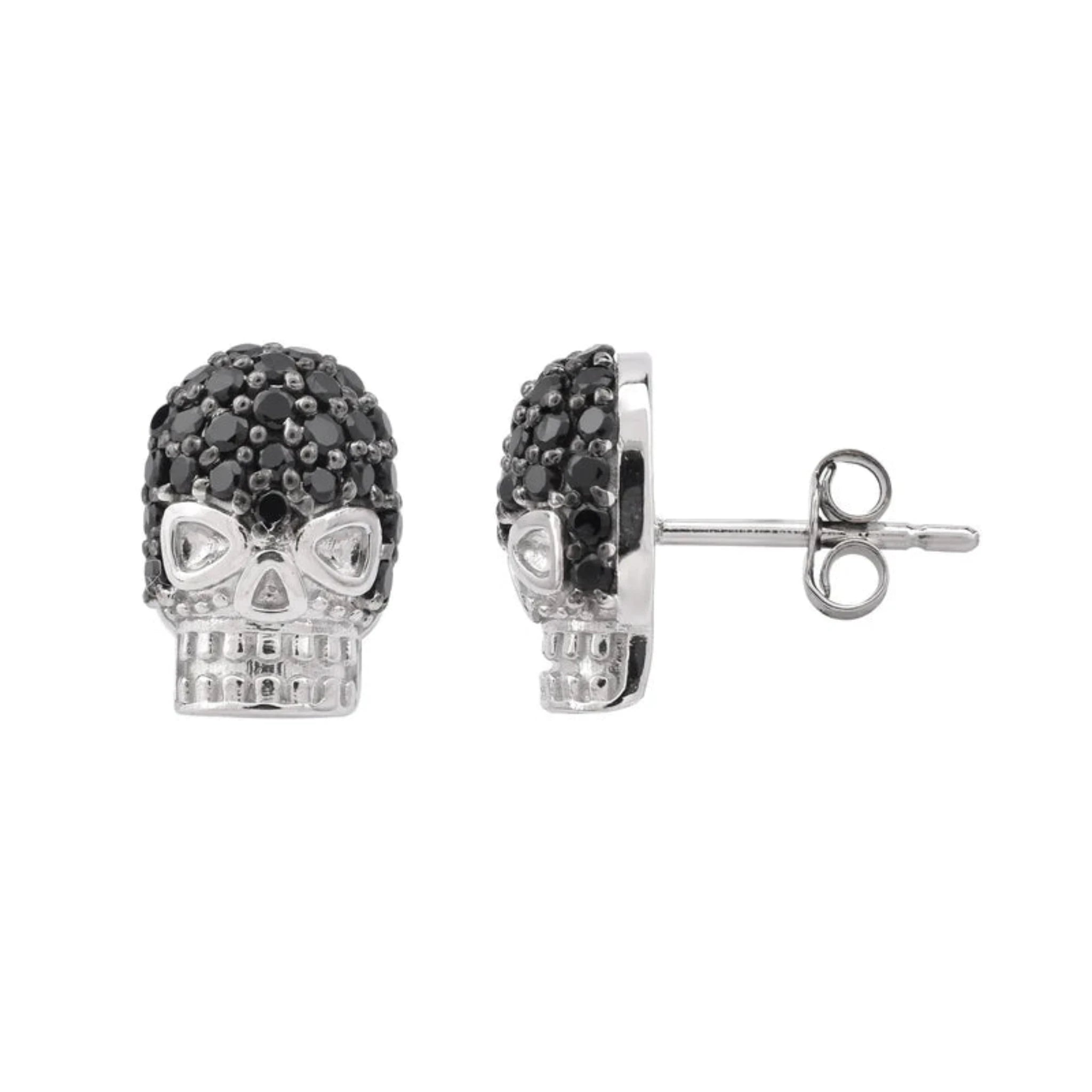 Silver Gothic Black CZ Style Studded Skull Small White Gold Earrings For Woman