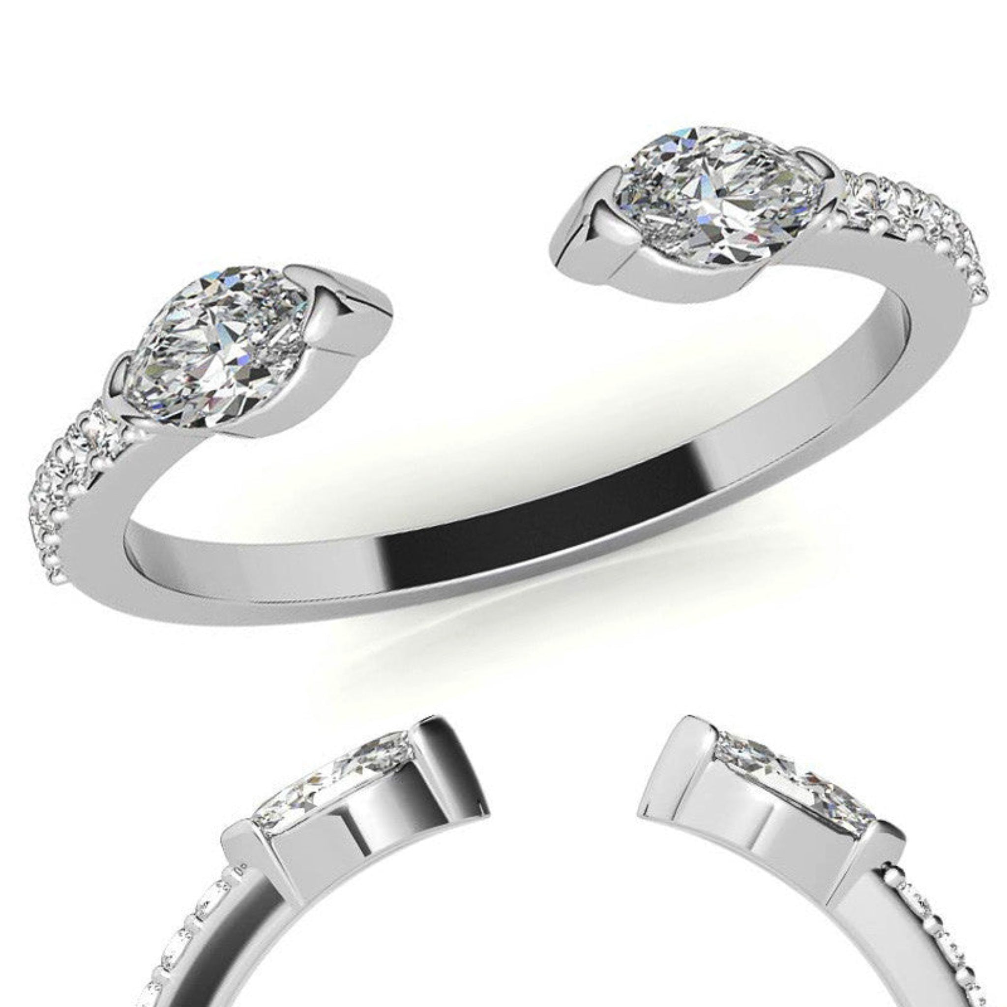 White Gold Silver Split-Open Pave Adjustable Dazzling Marquise Ring For Woman