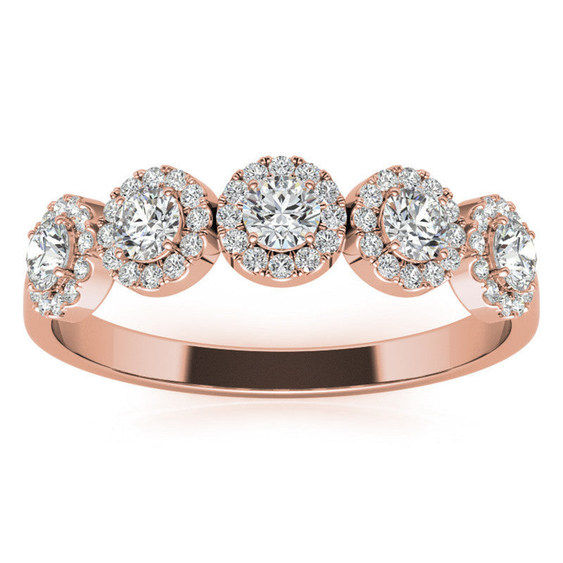 Adjustable Sterling Silver Luxury Rose Gold Five-Center Floral Halo Diamond Band For Women