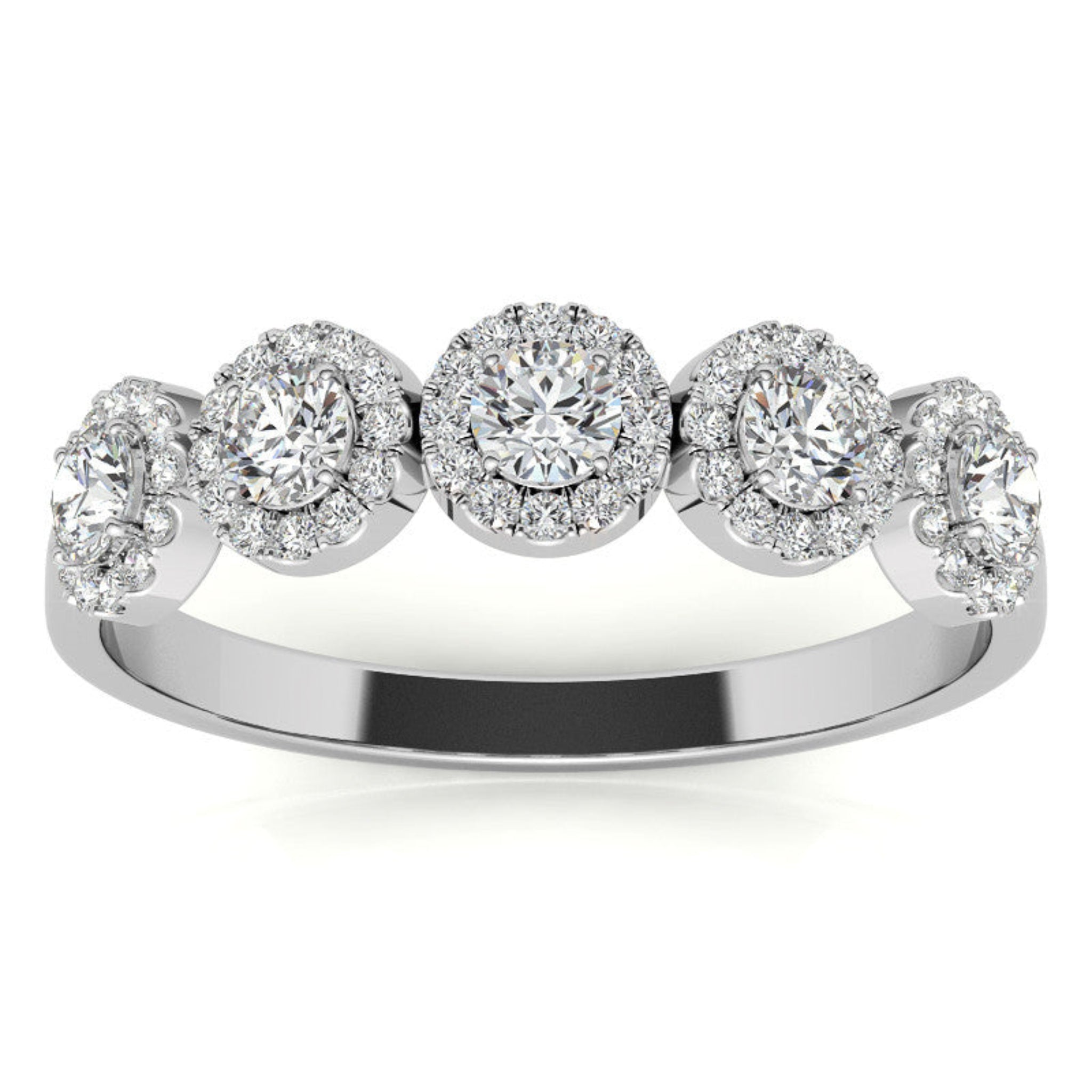 Adjustable Sterling Silver Luxury White Gold Five-Center Floral Halo Diamond Band For Women