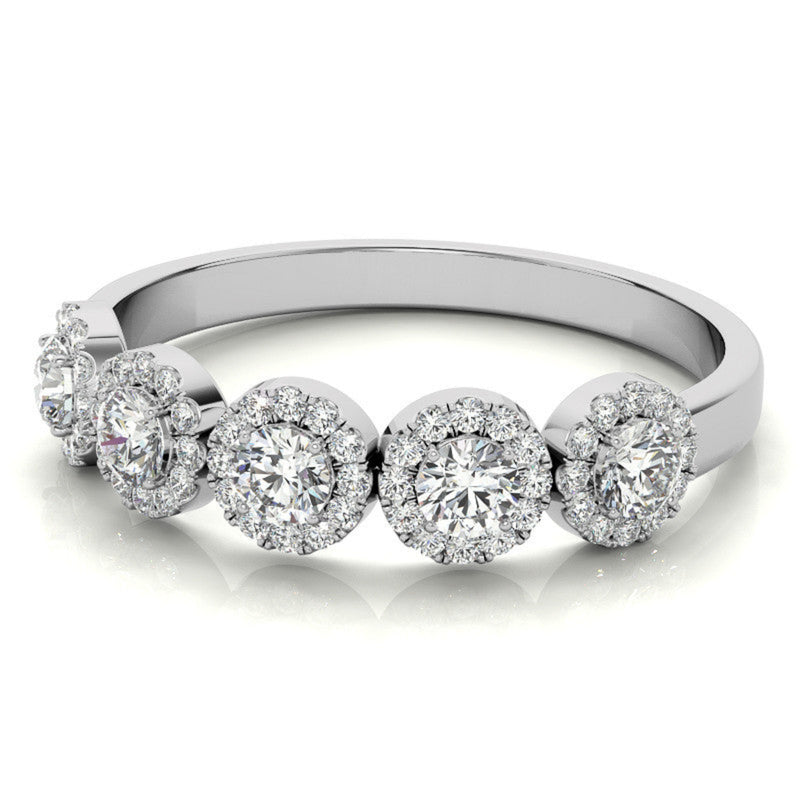 Adjustable Sterling Silver Luxury White Gold Five-Center Floral Halo Diamond Band For Women