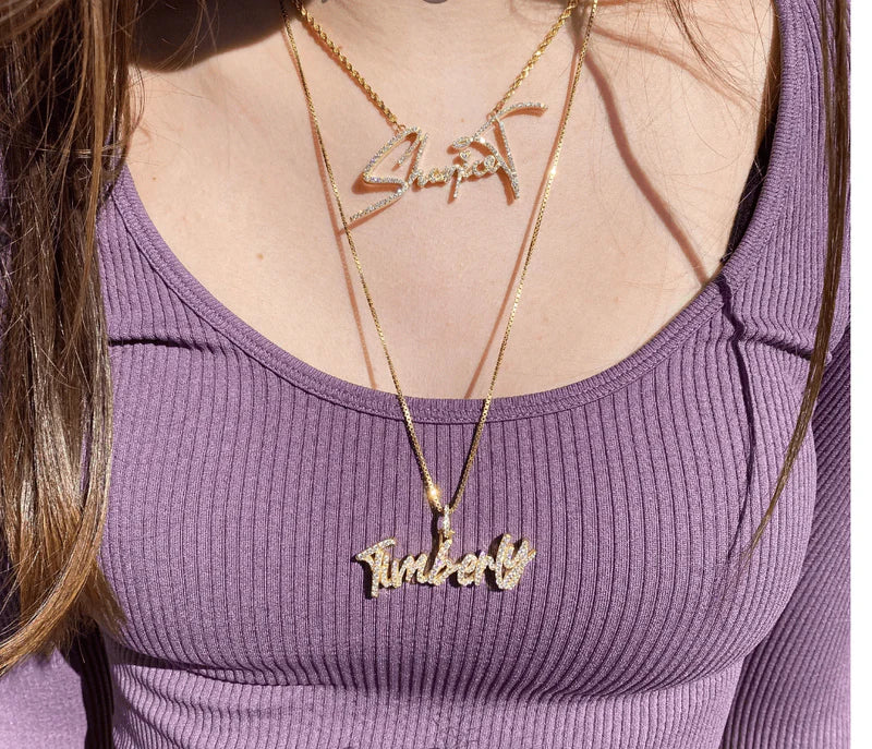 Yellow Gold Adjustable Silver White Stone Name Script Pendant For Woman