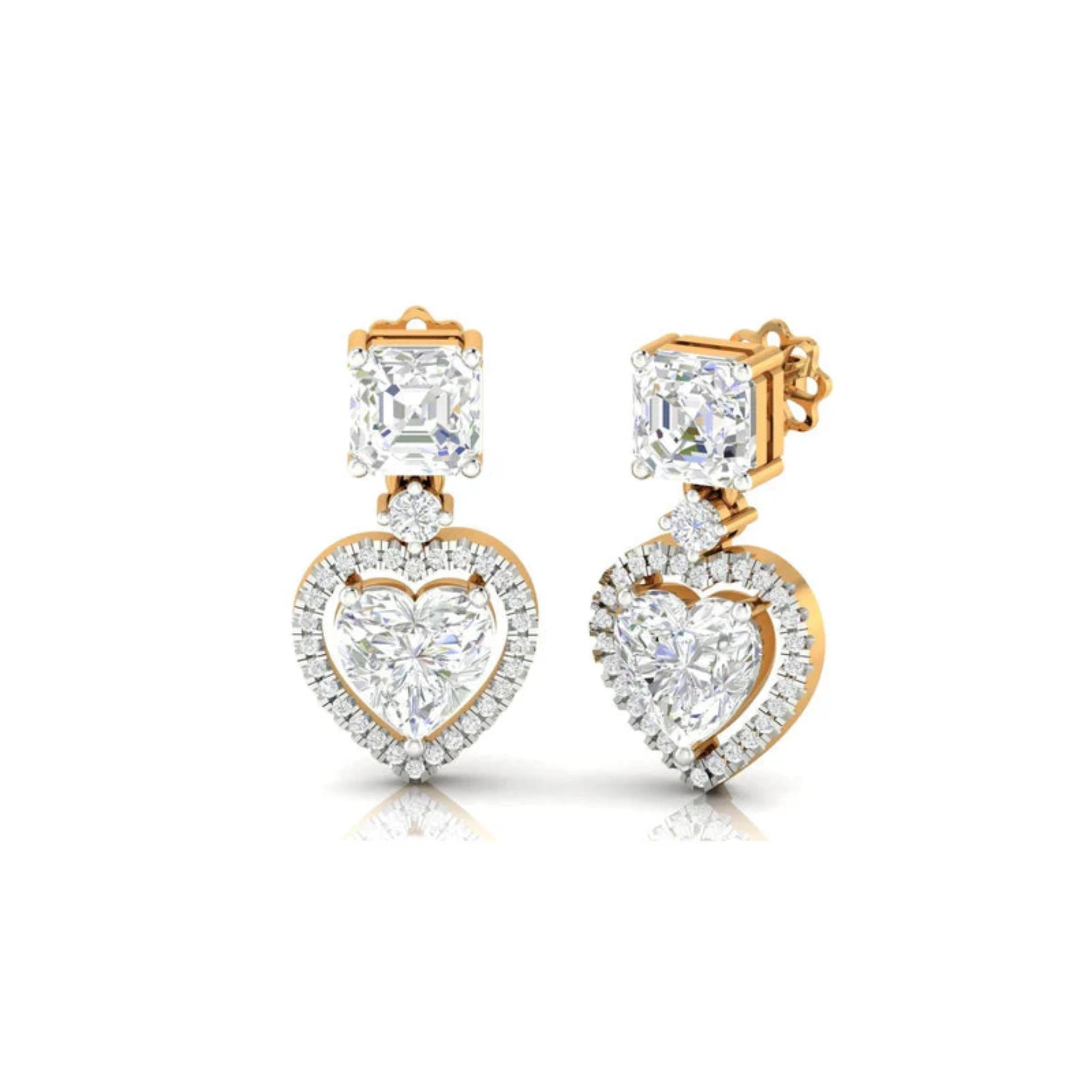 Intricate Square Heart Halo Yellow Gold Silver Dangle Earring For Woman