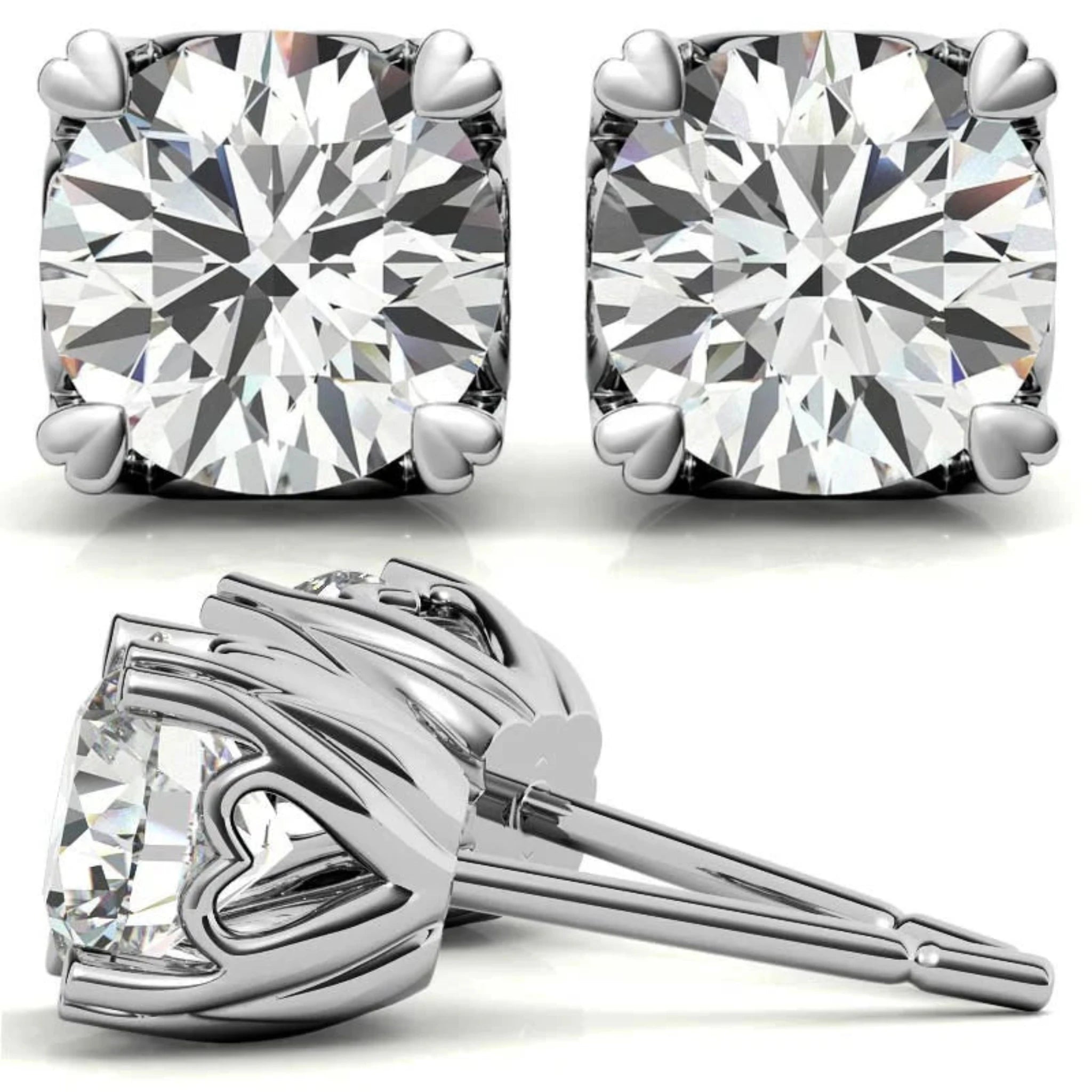 Elegant Round-Cut Solitaire White Gold Silver Heart-Prong Earring For Woman