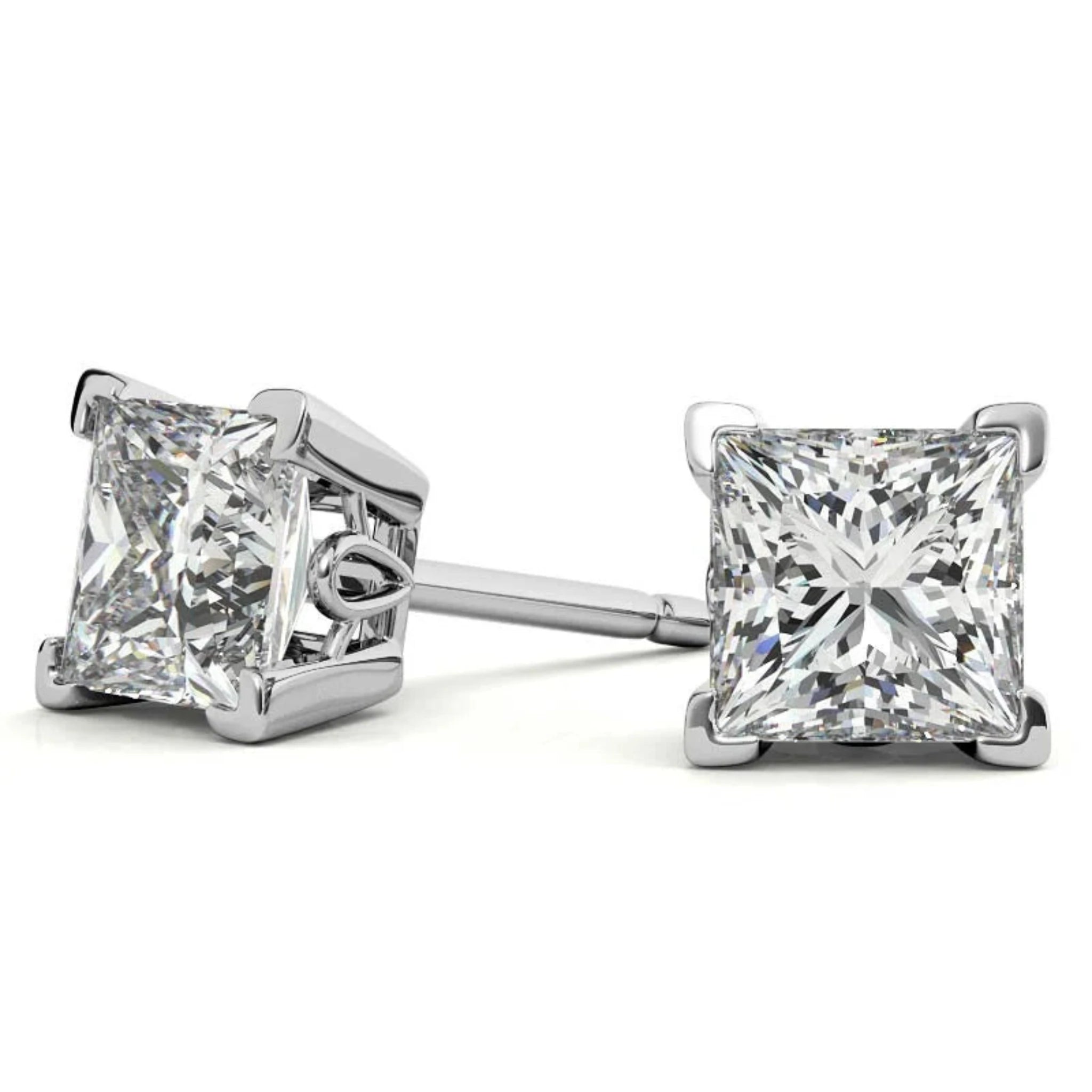 Radiant Princess-Cut Sparkling White Gold Silver Block Prong-Set Earrings for Women