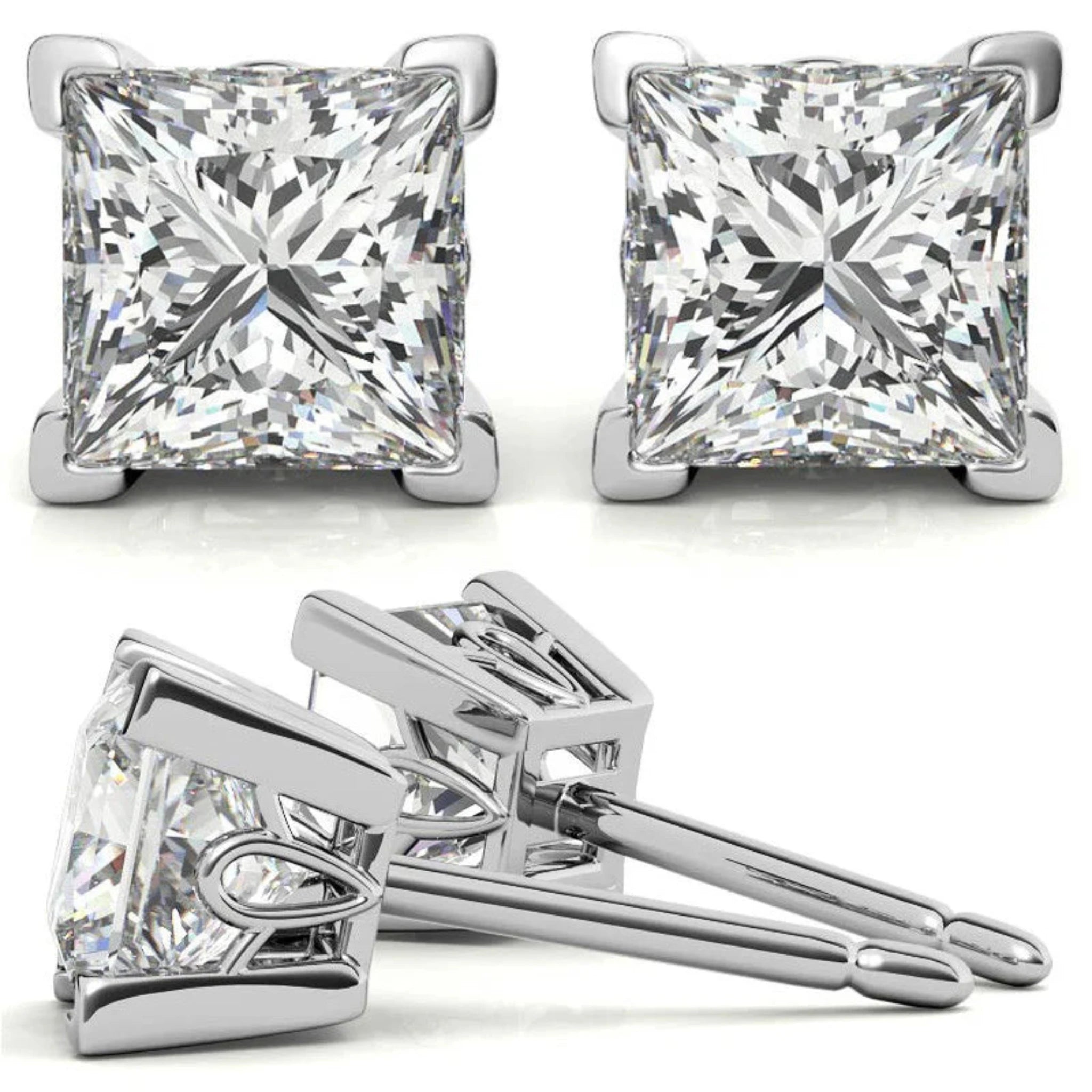 Radiant Princess-Cut Sparkling White Gold Silver Block Prong-Set Earrings for Women