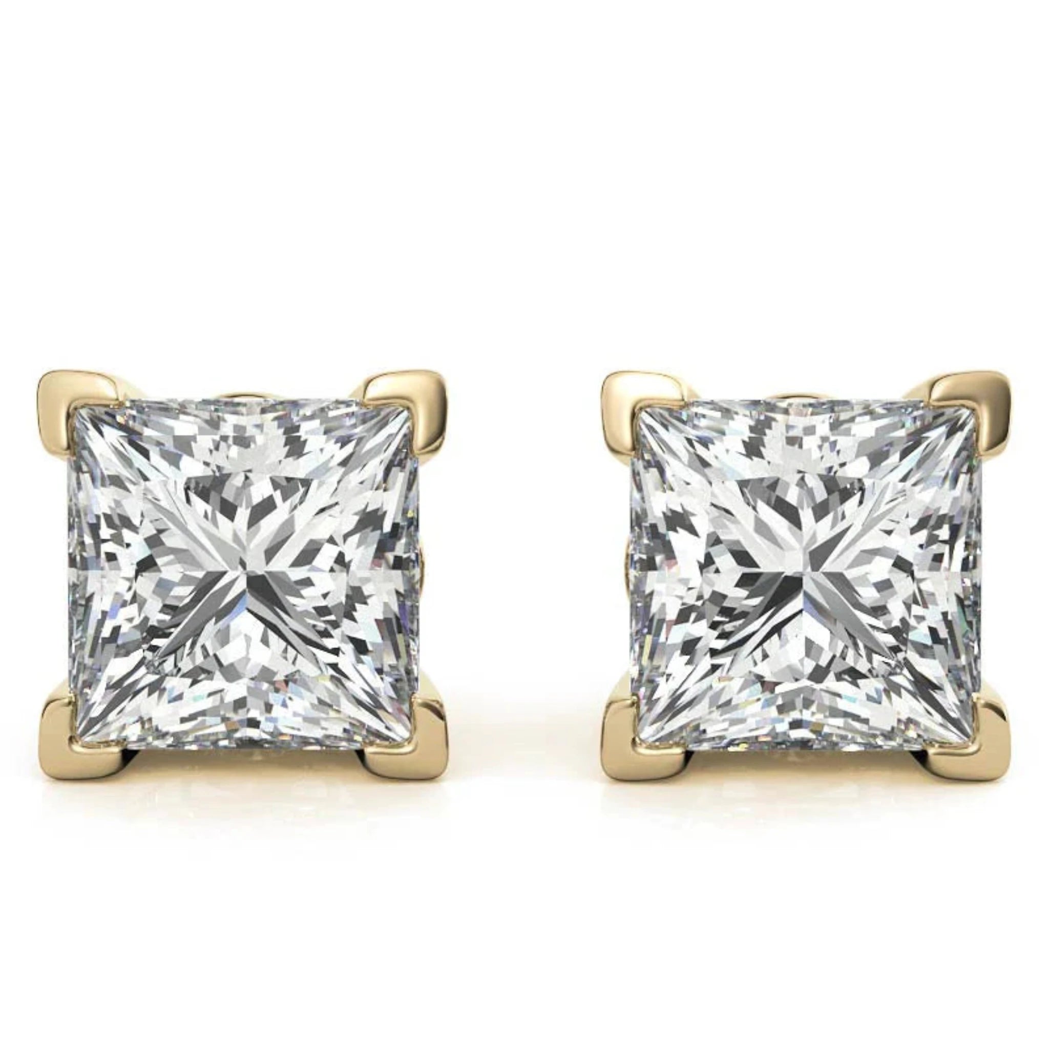 Radiant Princess-Cut Sparkling Yellow Gold Silver Block Prong-Set Earrings for Women