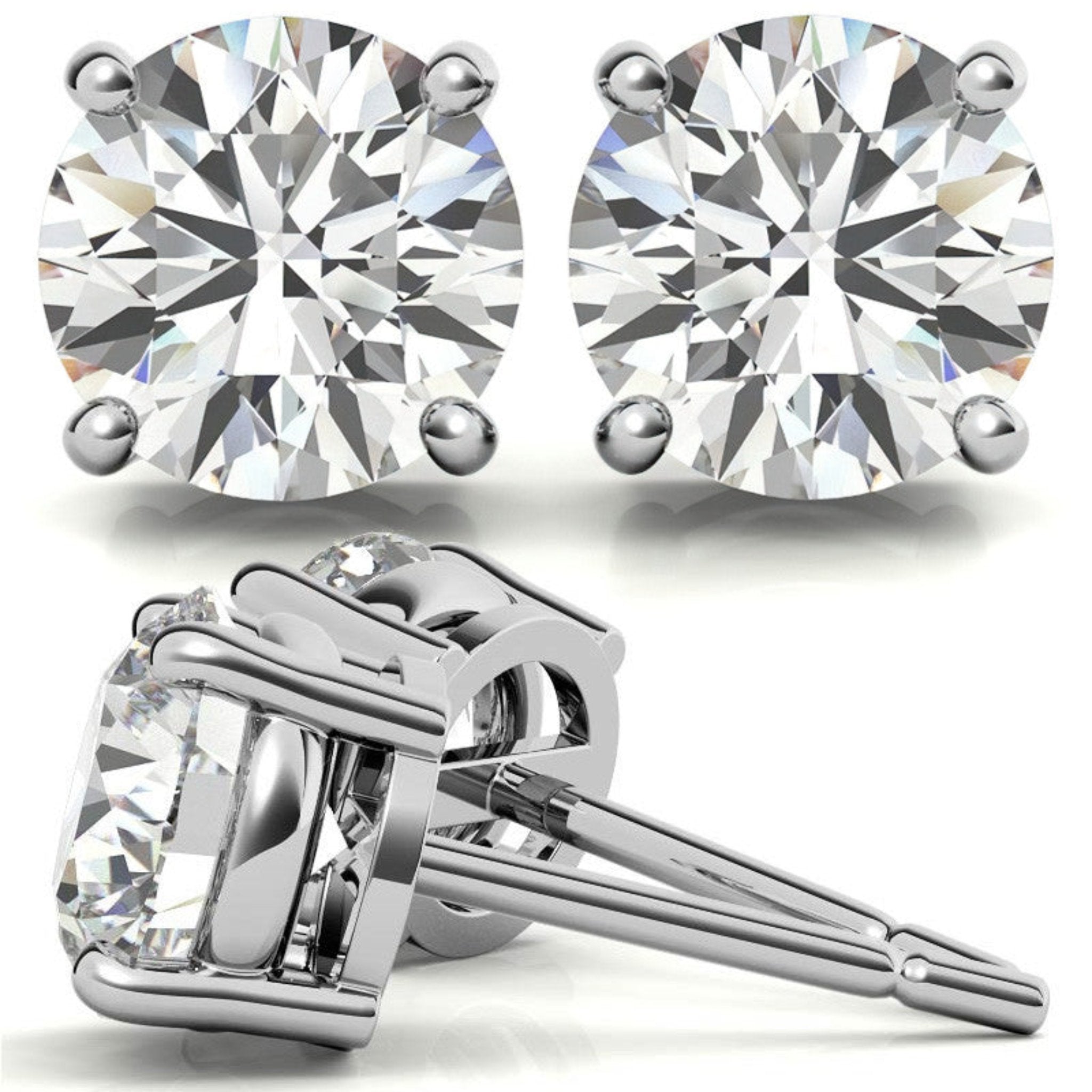 Classic Solitaire Round-Cut White Gold Silver Prong-Set Earring For Woman