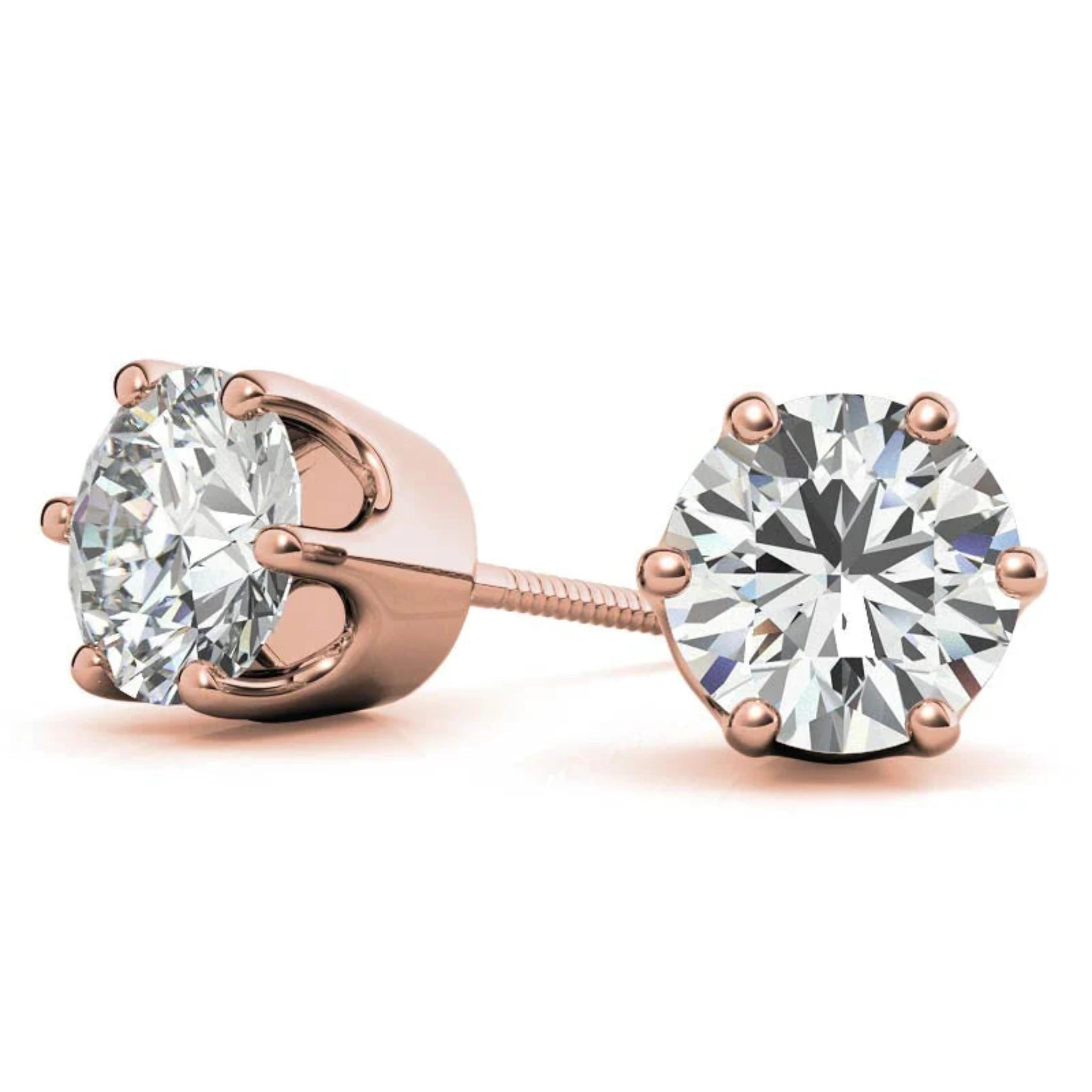 Radiant Round Solitaire Rose Gold Silver 6-Prong-Set Earring For Woman