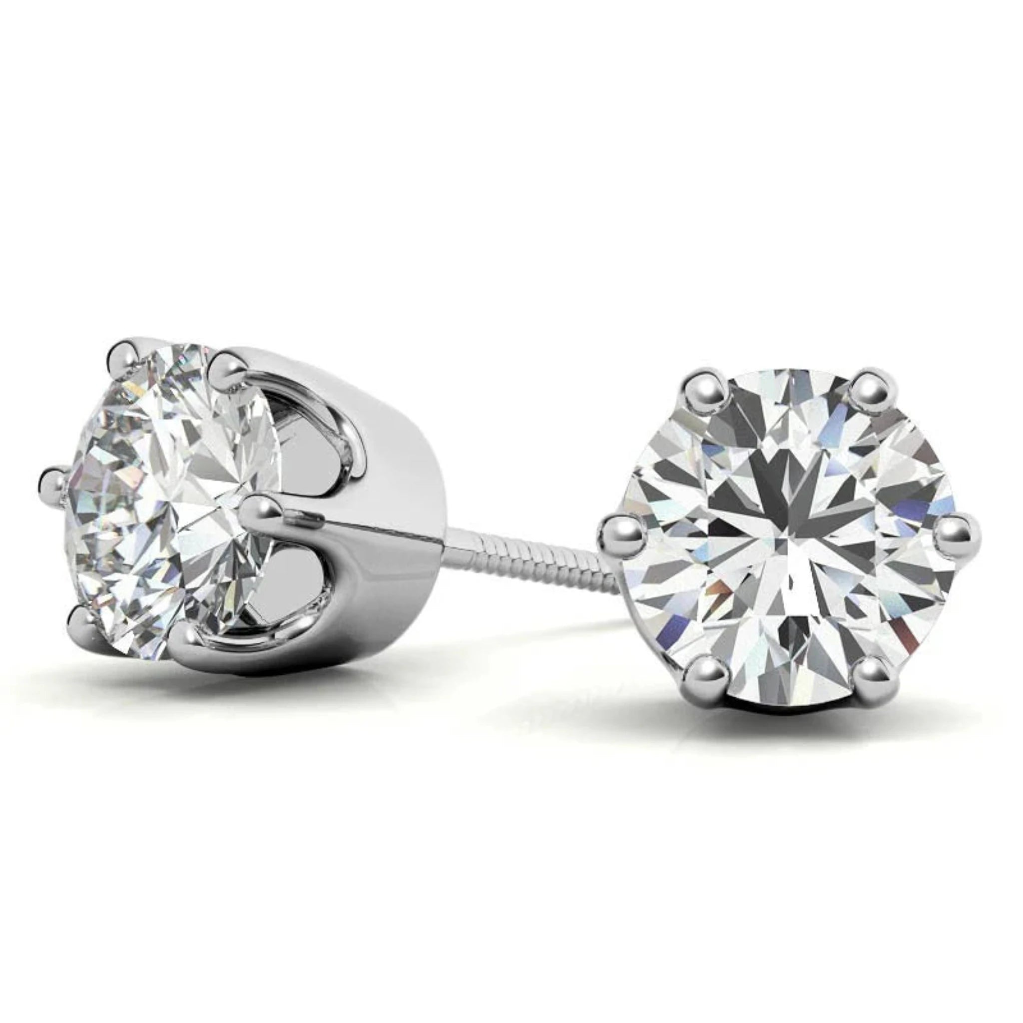 Classic Round Solitaire White Gold Silver 6-Prong-Set Earring For Woman