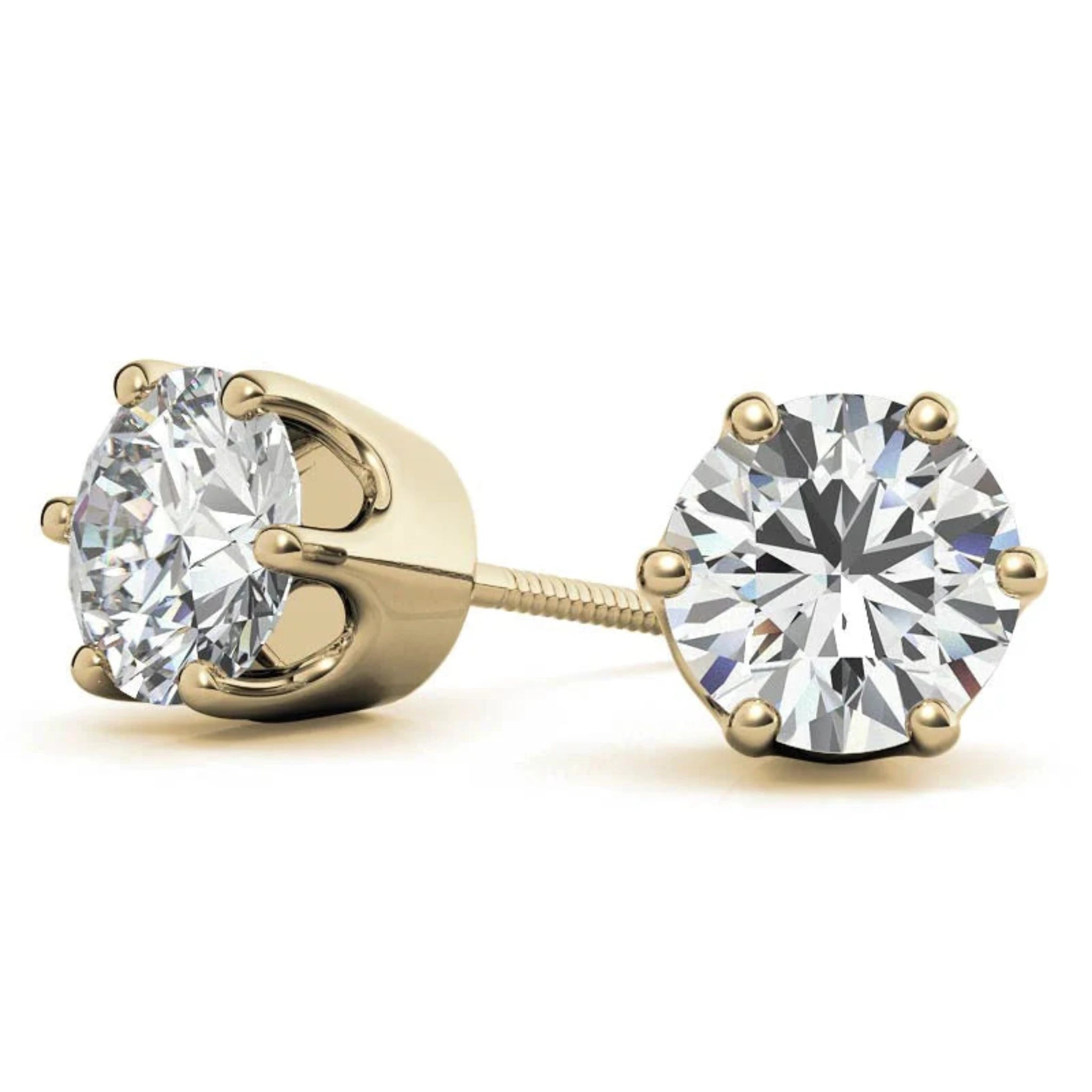 Elegant Round Solitaire Yellow Gold Silver 6-Prong-Set Earring For Woman