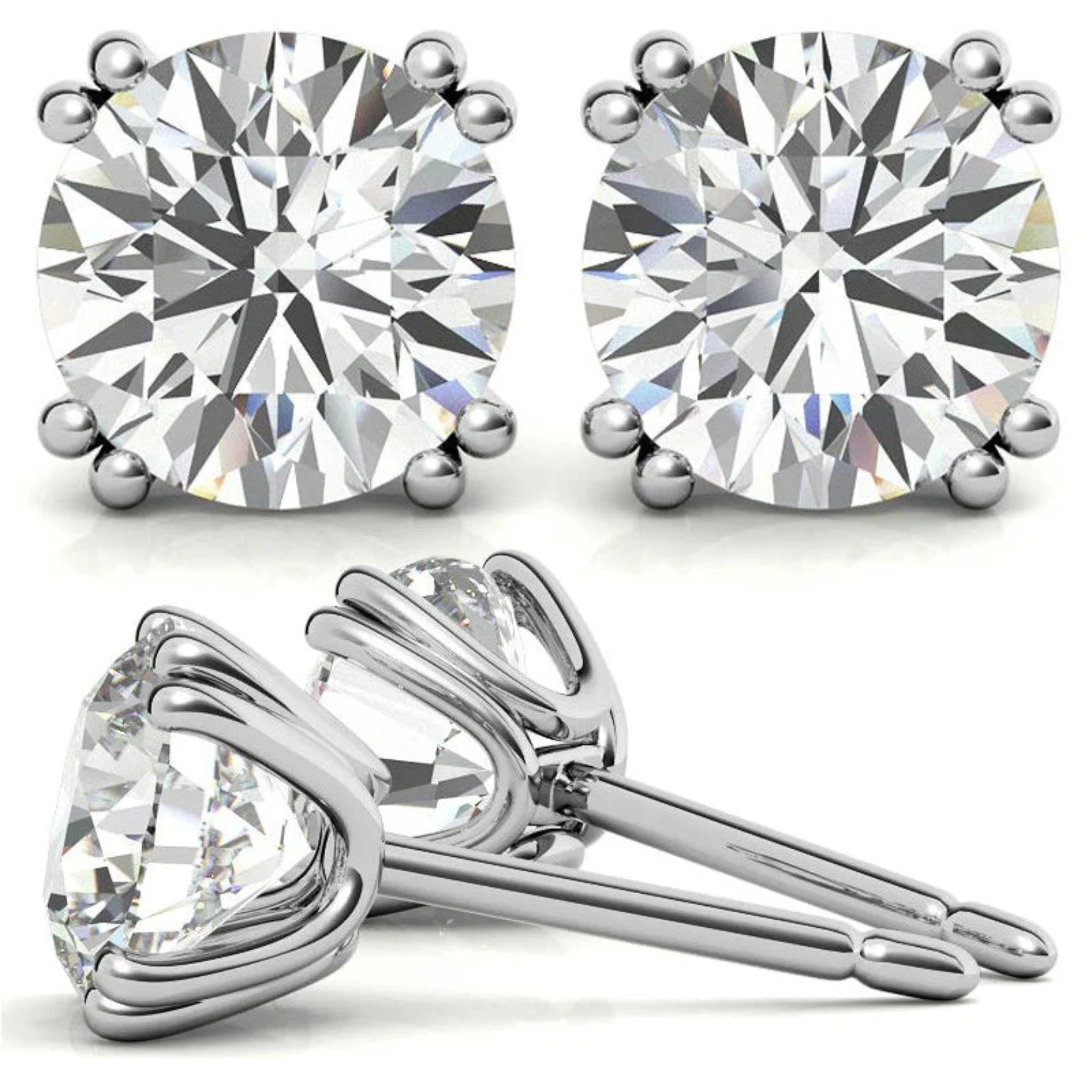 Premium Round-Cut Solitaire White Gold Silver Double Prong-Set Earring For Woman