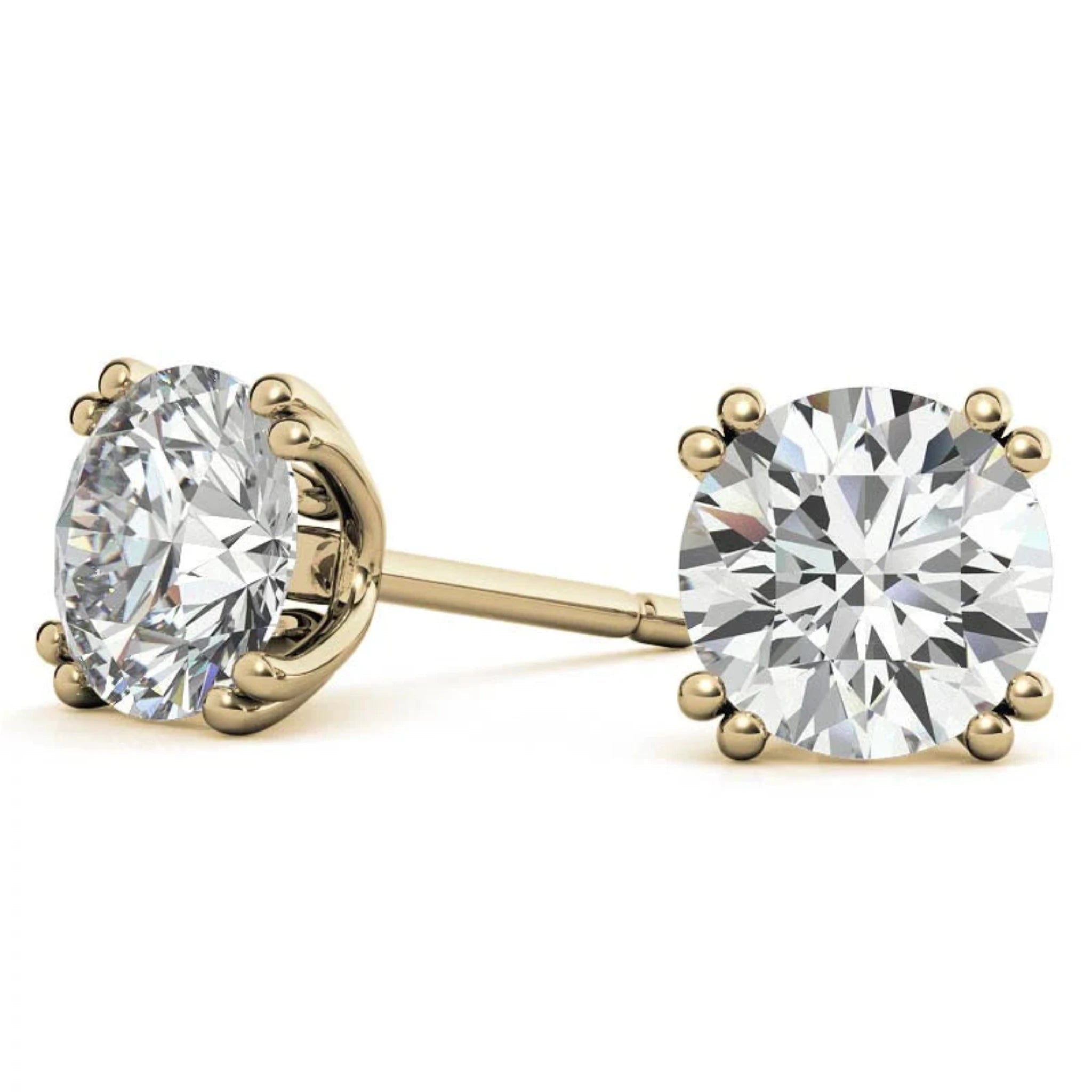 Premium Round-Cut Solitaire Yellow Gold Silver Double Prong-Set Earring For Woman