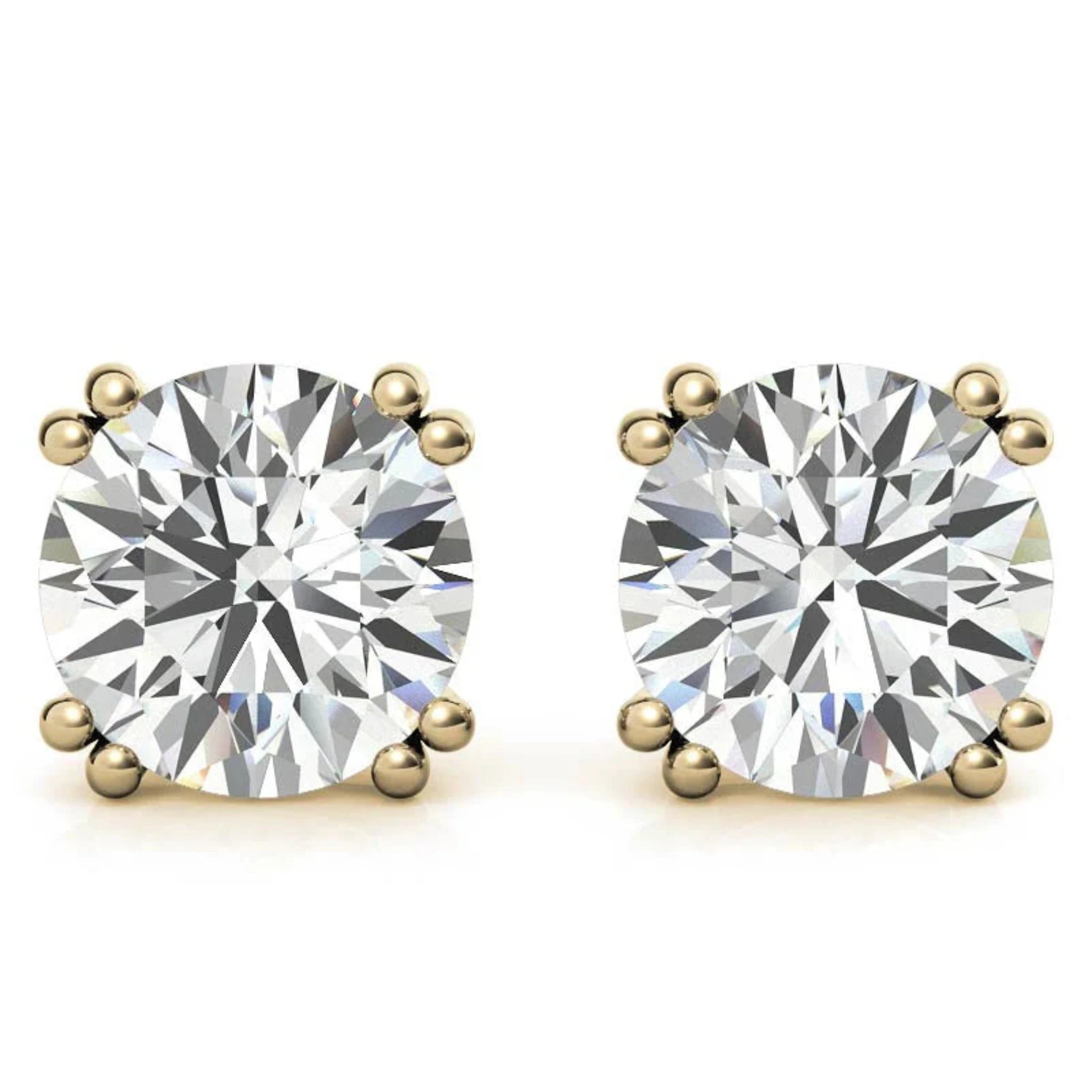 Premium Round-Cut Solitaire Yellow Gold Silver Double Prong-Set Earring For Woman