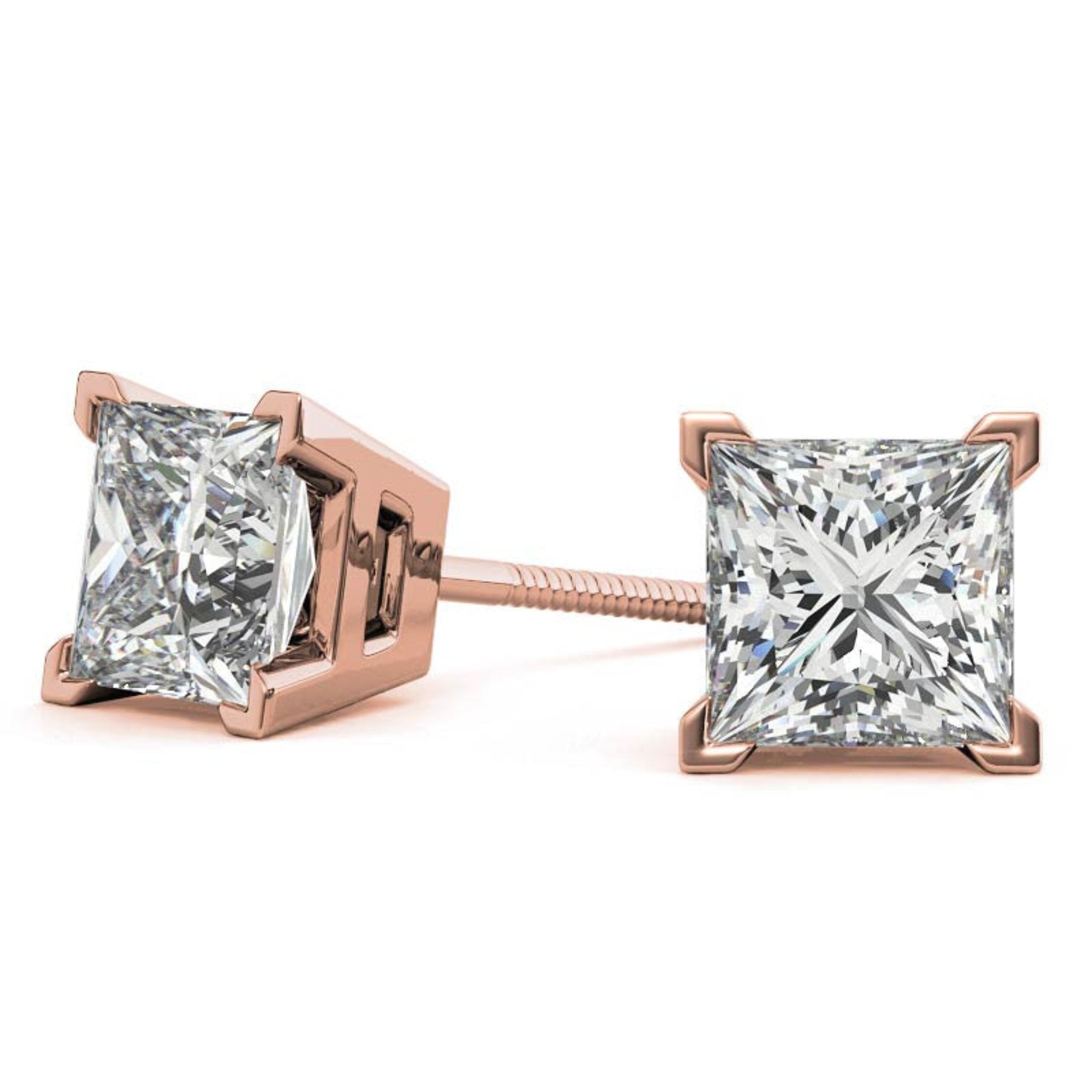 Princess-Cut Solitaire Rose Gold Silver Block Prong-Cut Earring For Woman