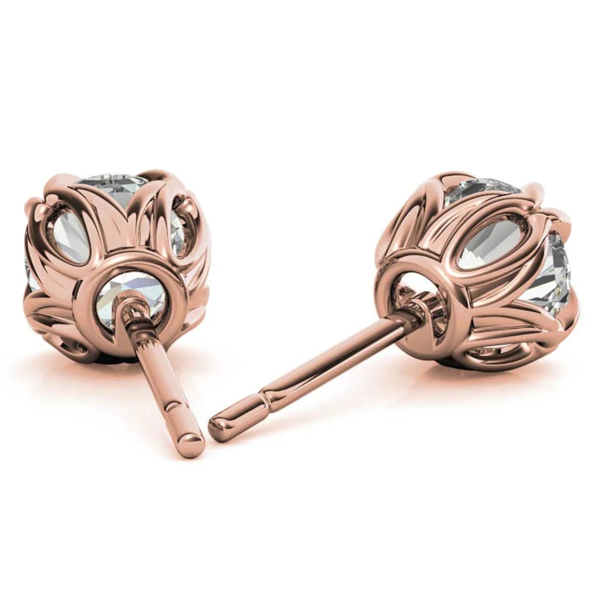 Sophisticated Round Floral Rose Gold Silver Intricate Claw Double Prong-Set Earring For Woman