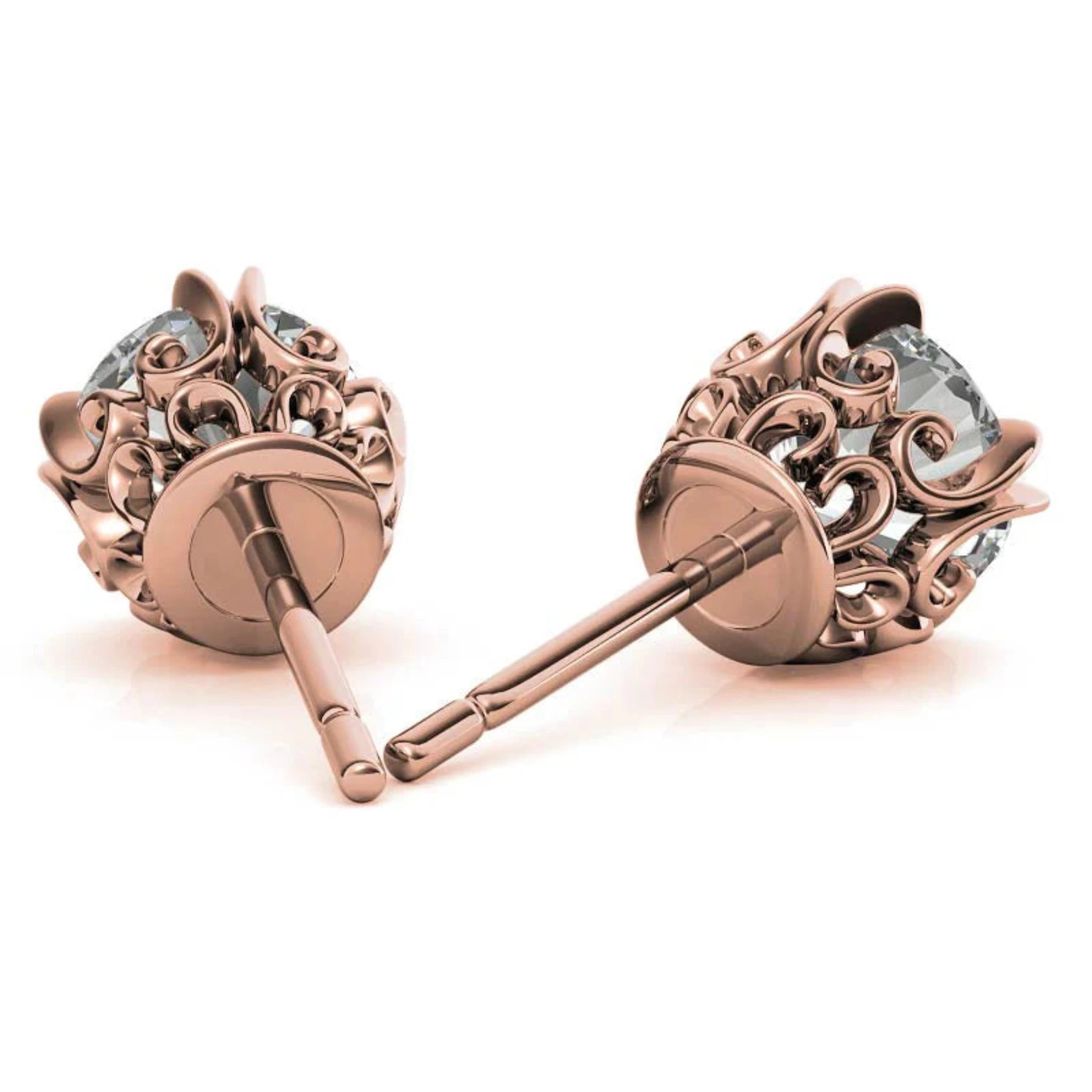 Floral-Inspired Round Diamond Rose Gold Silver Openwork Stud Earrings For Woman