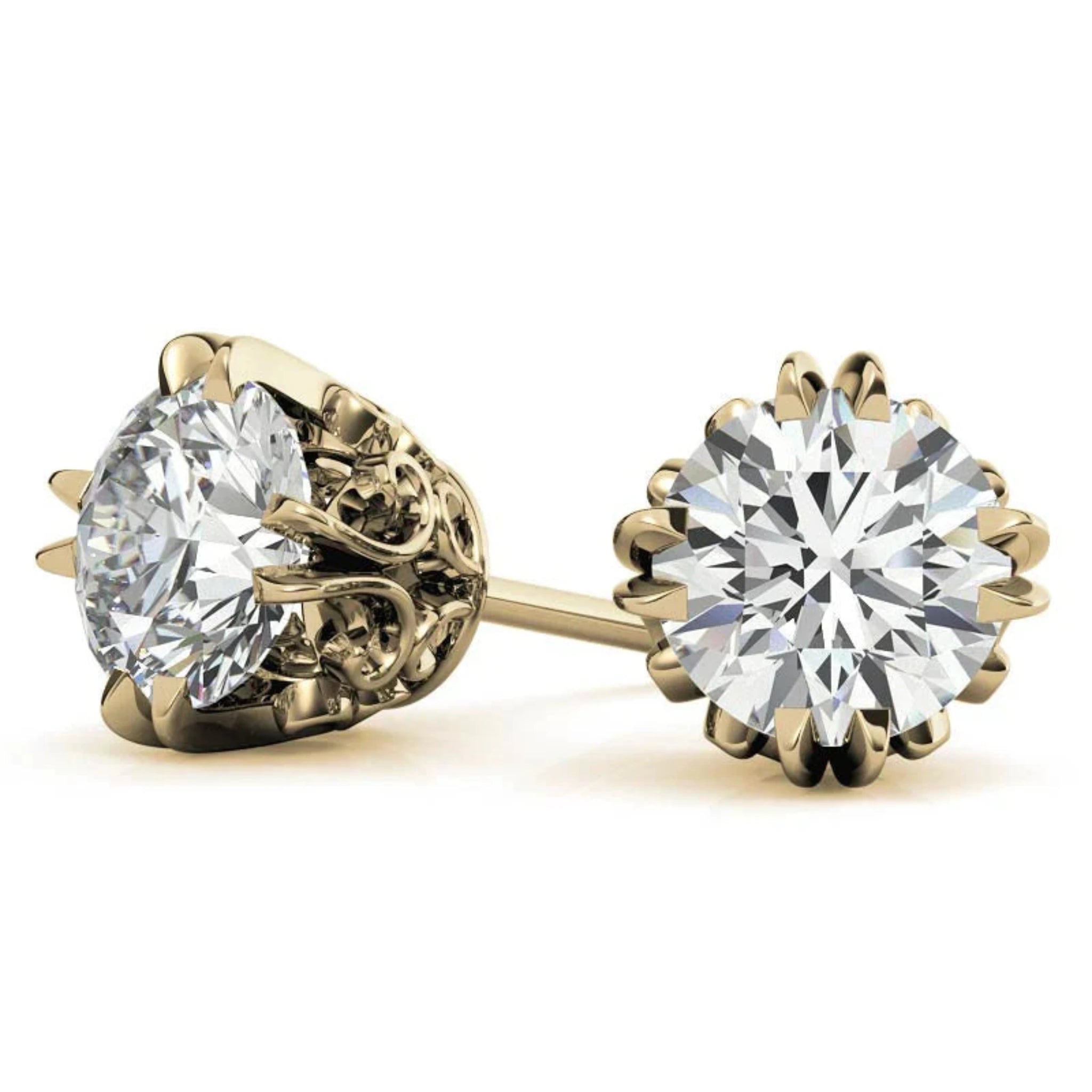 Floral-Inspired Round Diamond Yellow Gold Silver Openwork Stud Earrings For Woman