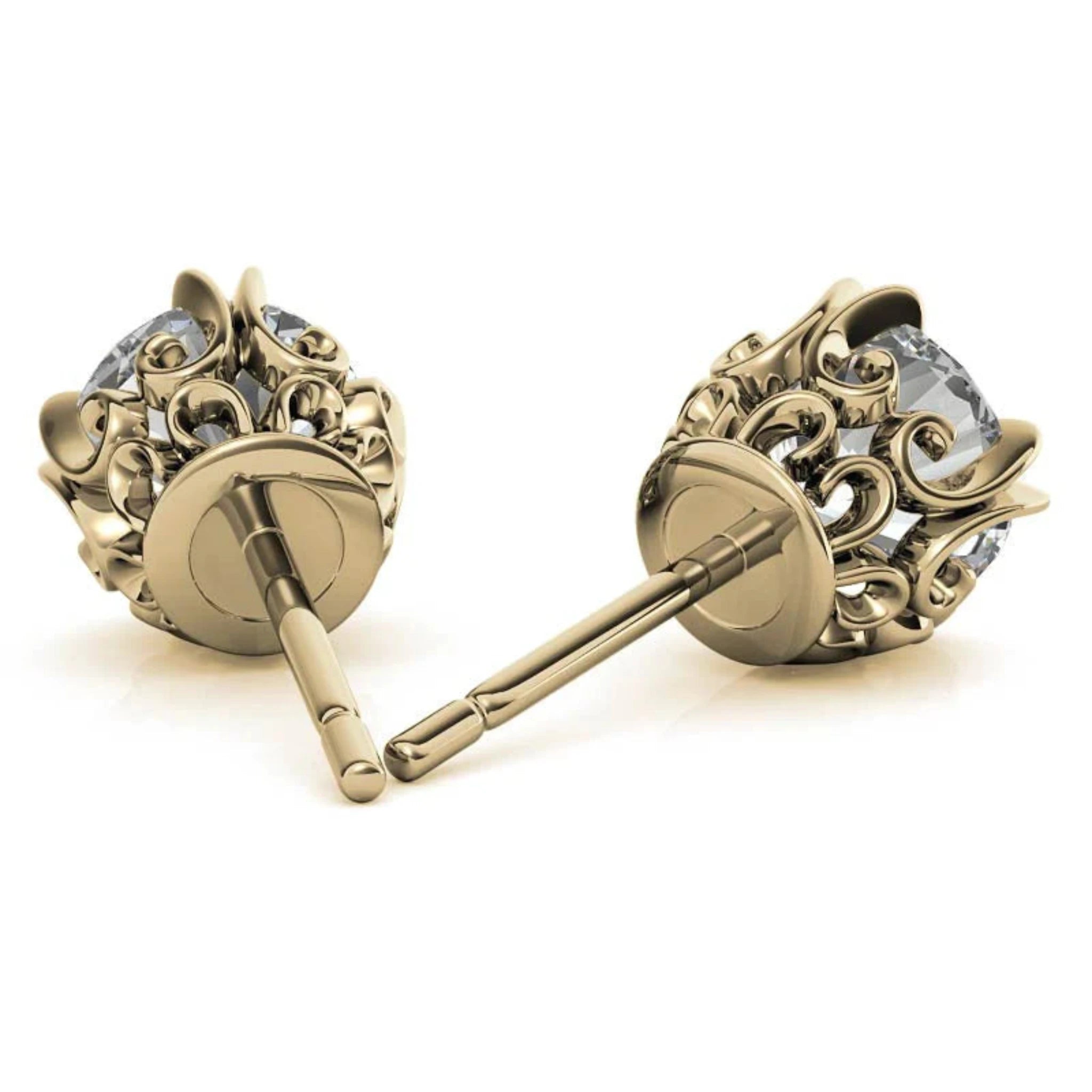 Floral-Inspired Round Diamond Yellow Gold Silver Openwork Stud Earrings For Woman