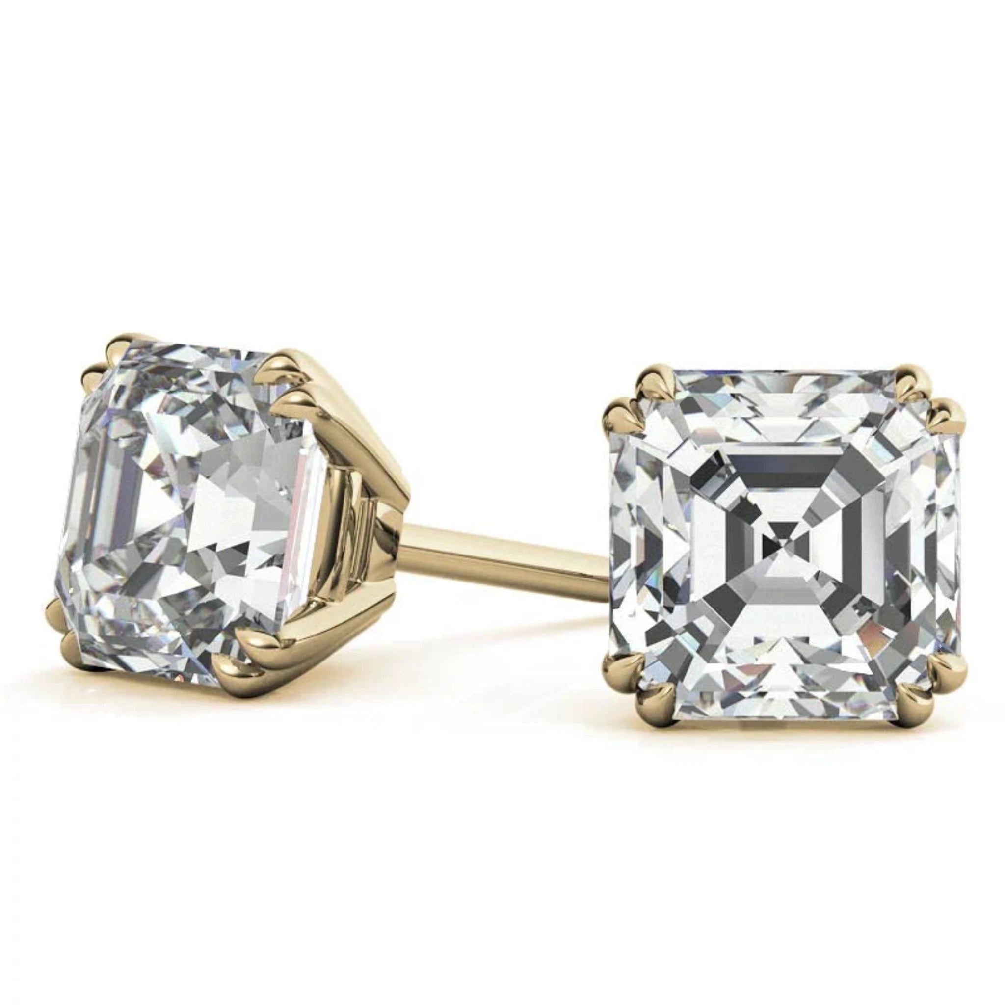 Asscher-Cut Solitaire Yellow Gold Silver Double Prong-Set Earring For Woman