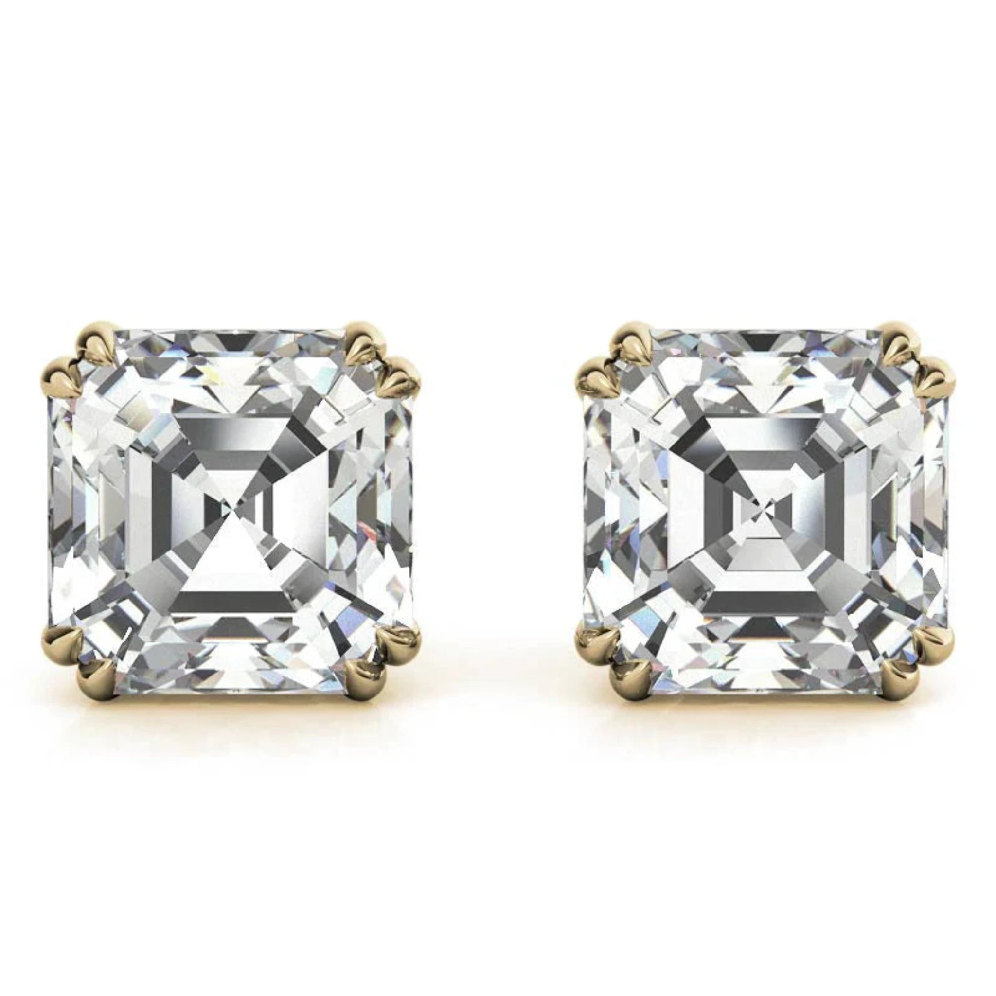 Asscher-Cut Solitaire Yellow Gold Silver Double Prong-Set Earring For Woman