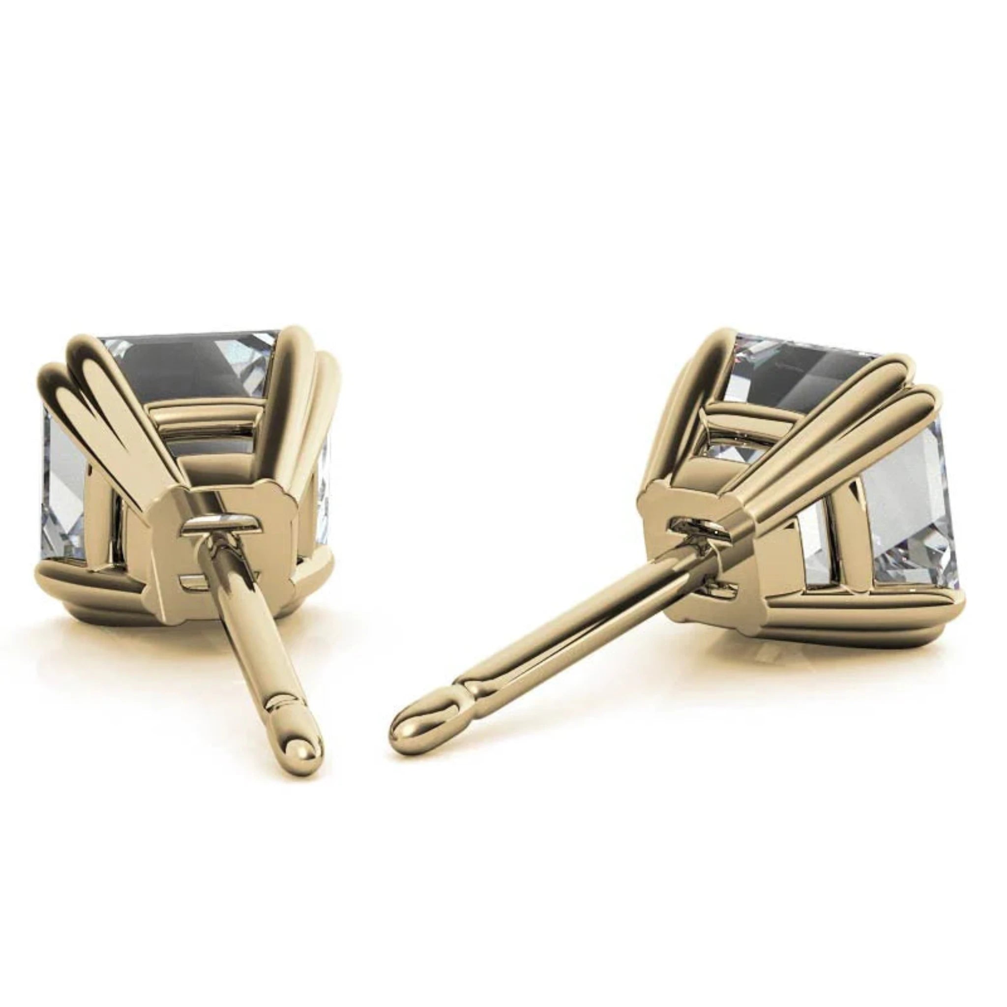 Asscher-Cut Solitaire Yellow Gold Silver Double Prong-Set Earring For Woman