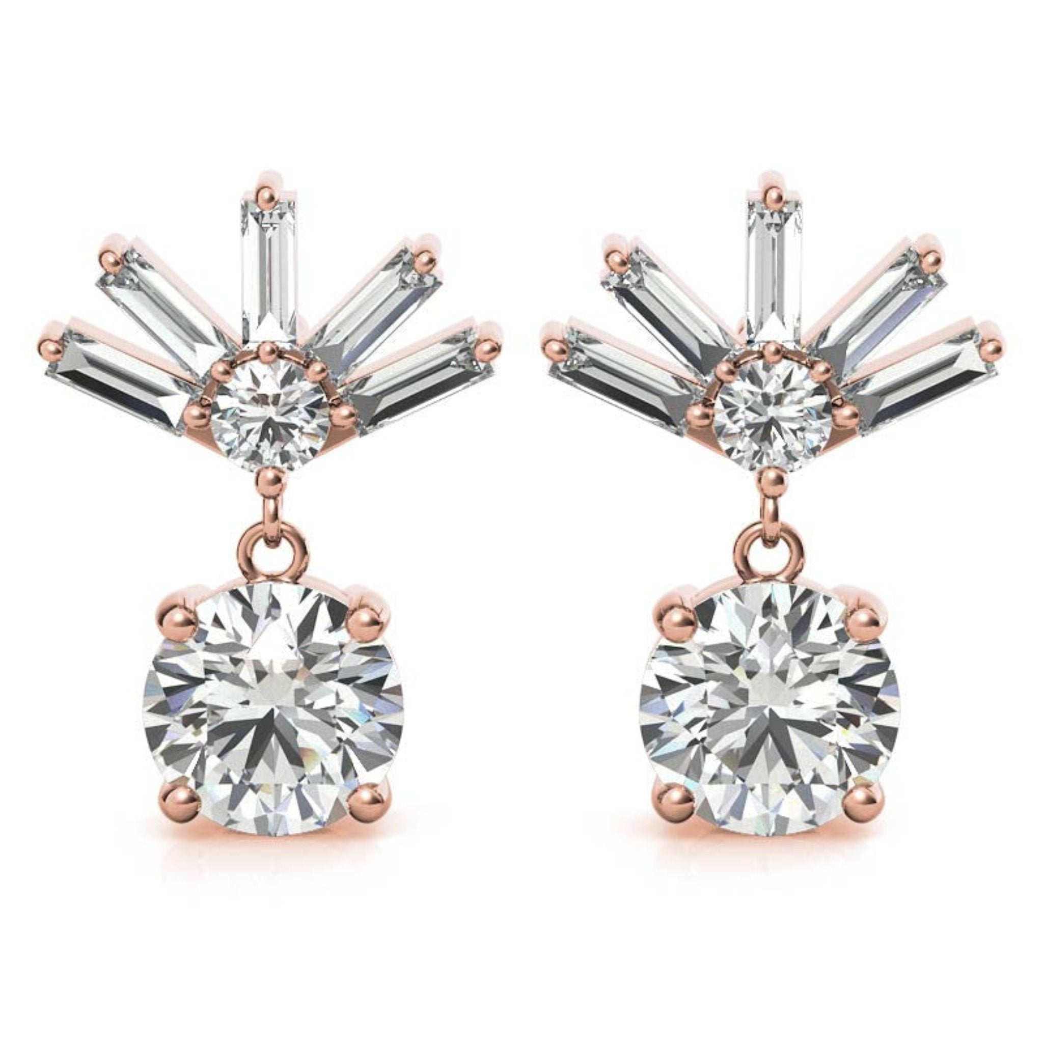 Intricate Baguette Fan Rose Gold Silver Dangle Drop Earring For Woman