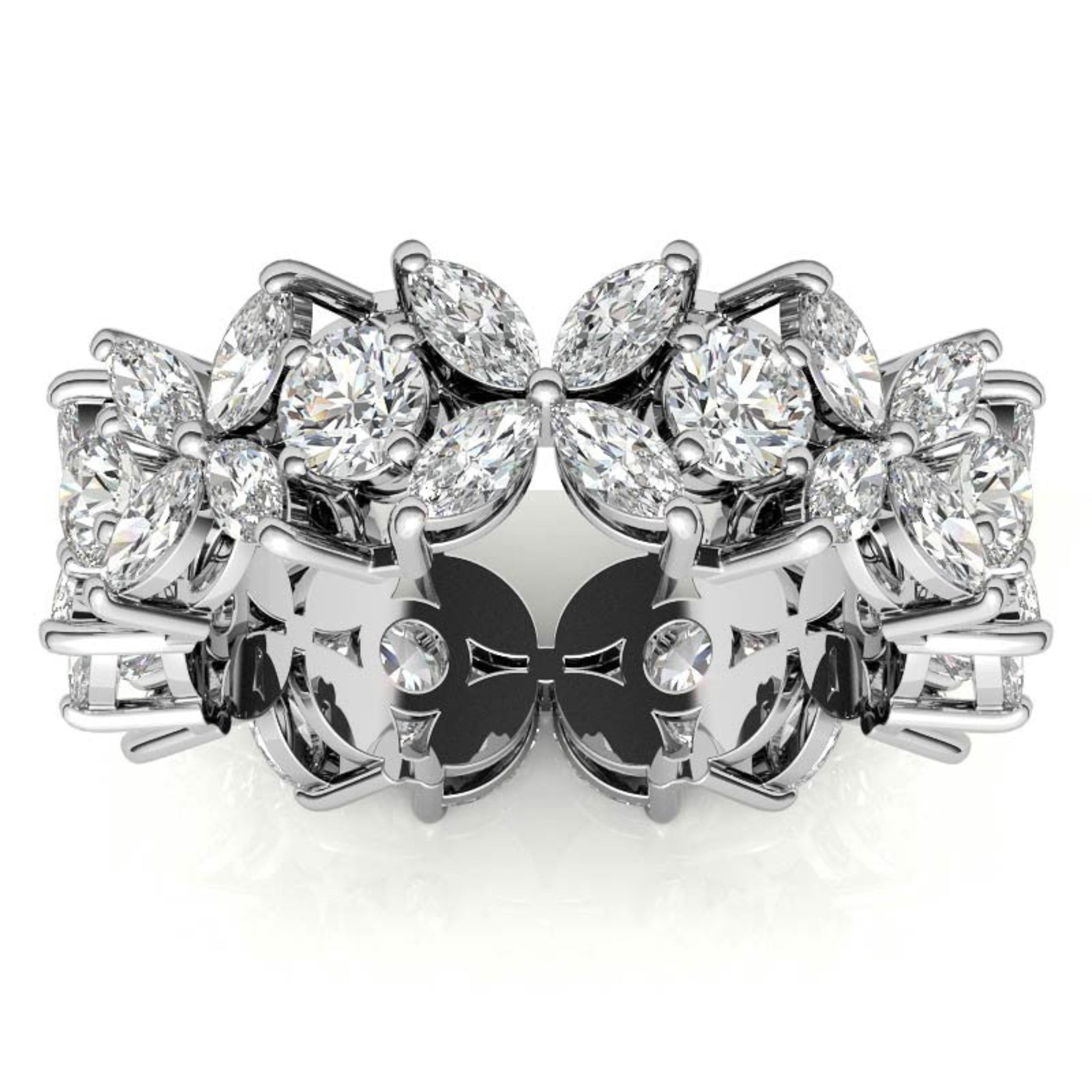 Graceful Sterling Silver White Gold Marquise and Round-Cut Diamond Floral Eternity Band For Women