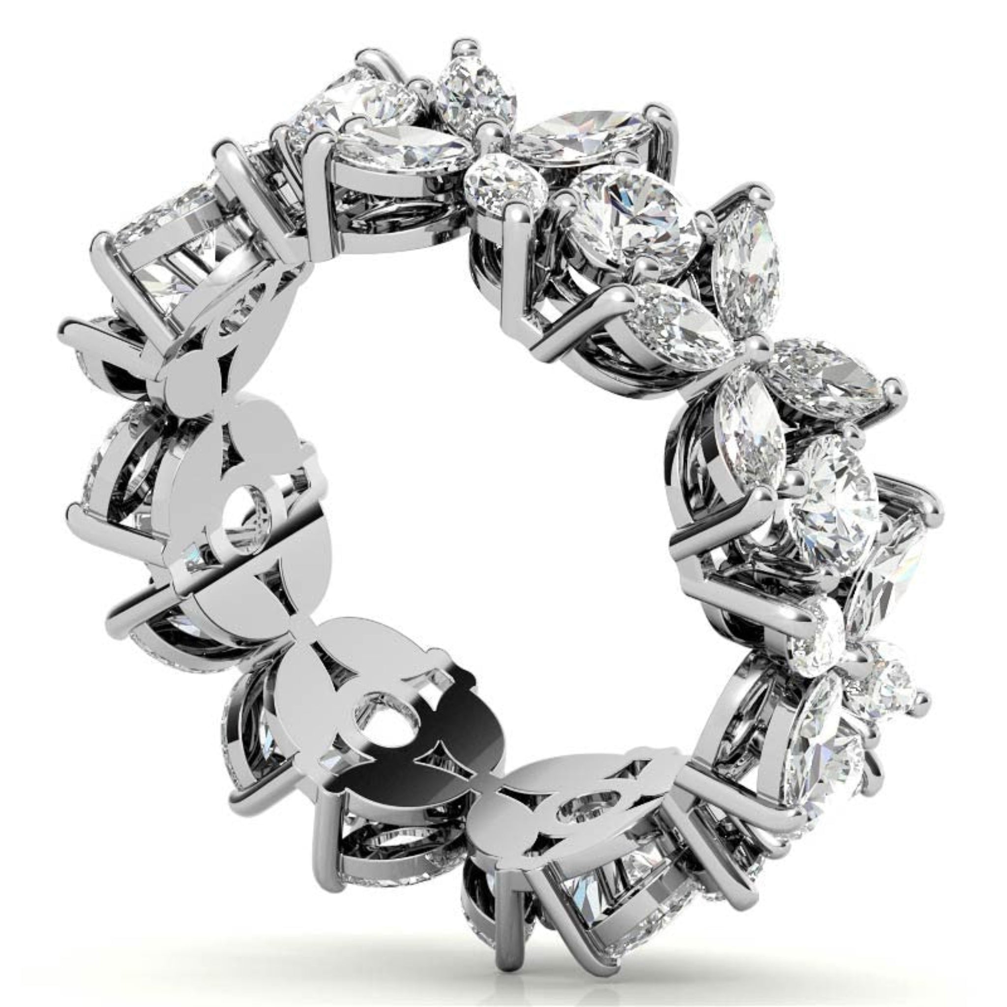 Graceful Sterling Silver White Gold Marquise and Round-Cut Diamond Floral Eternity Band For Women