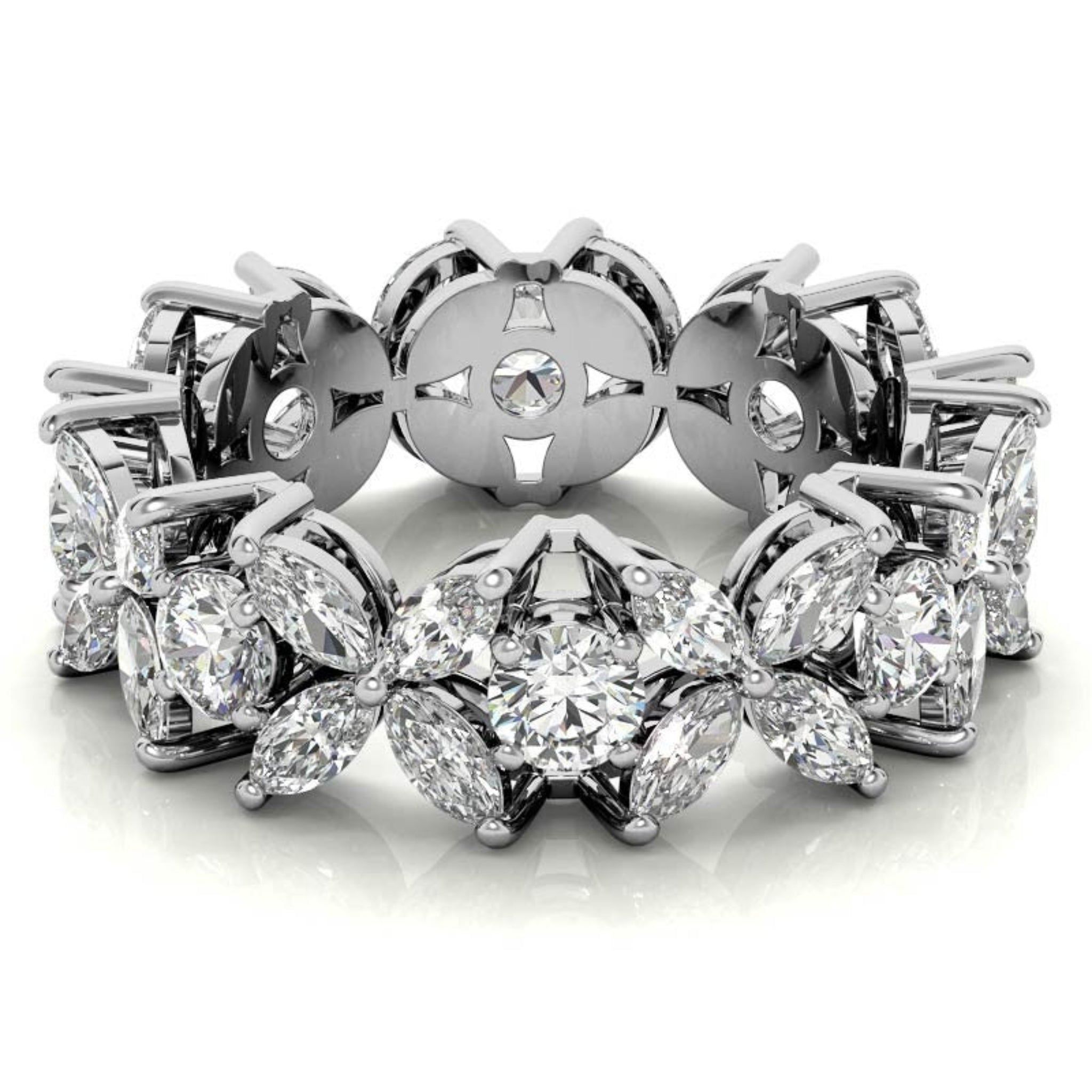 Adjustable Graceful Sterling Silver White Gold Marquise and Round-Cut Diamond Floral Eternity Band For Women