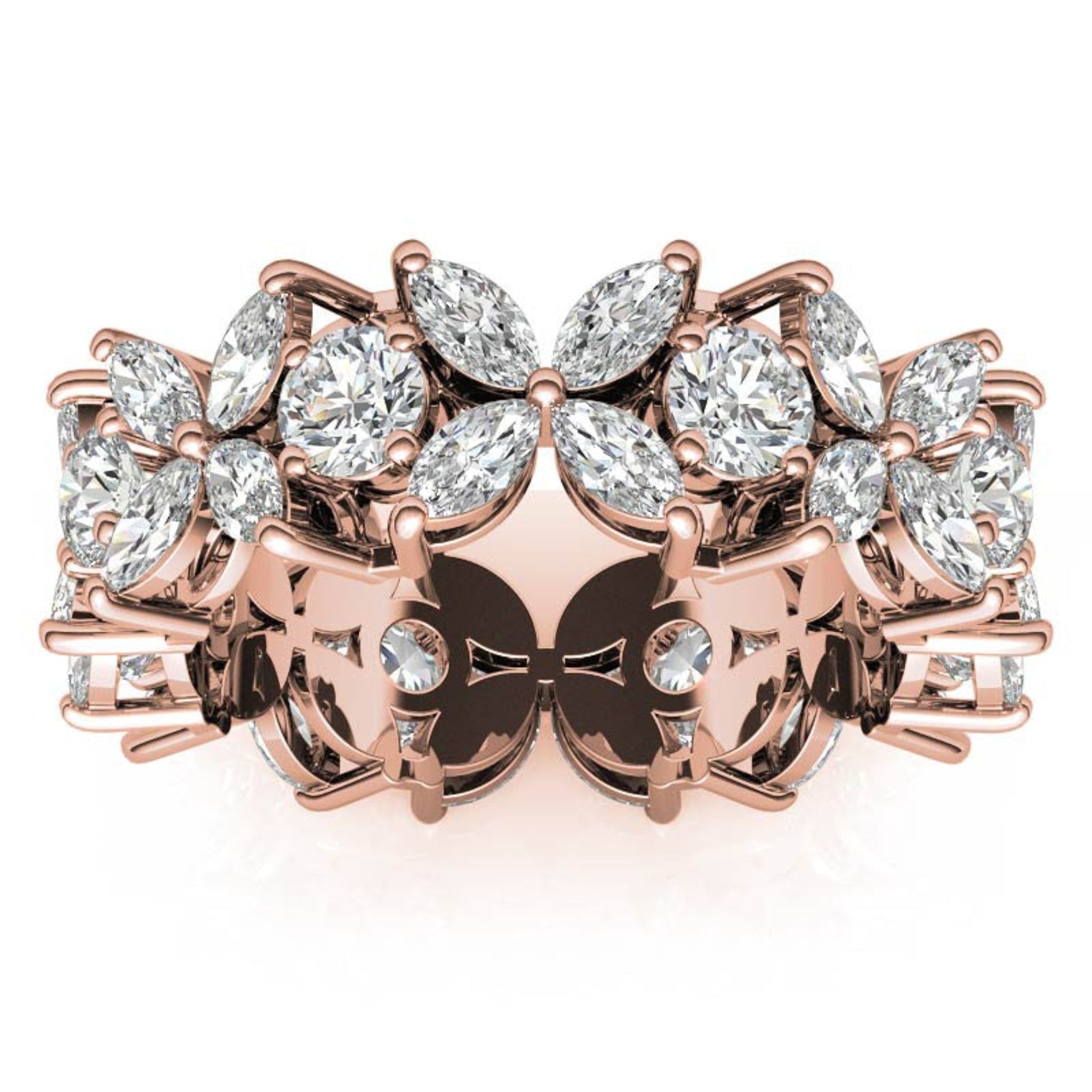 Adjustable Graceful Sterling Silver Rose Gold Marquise and Round-Cut Diamond Floral Eternity Band For Women