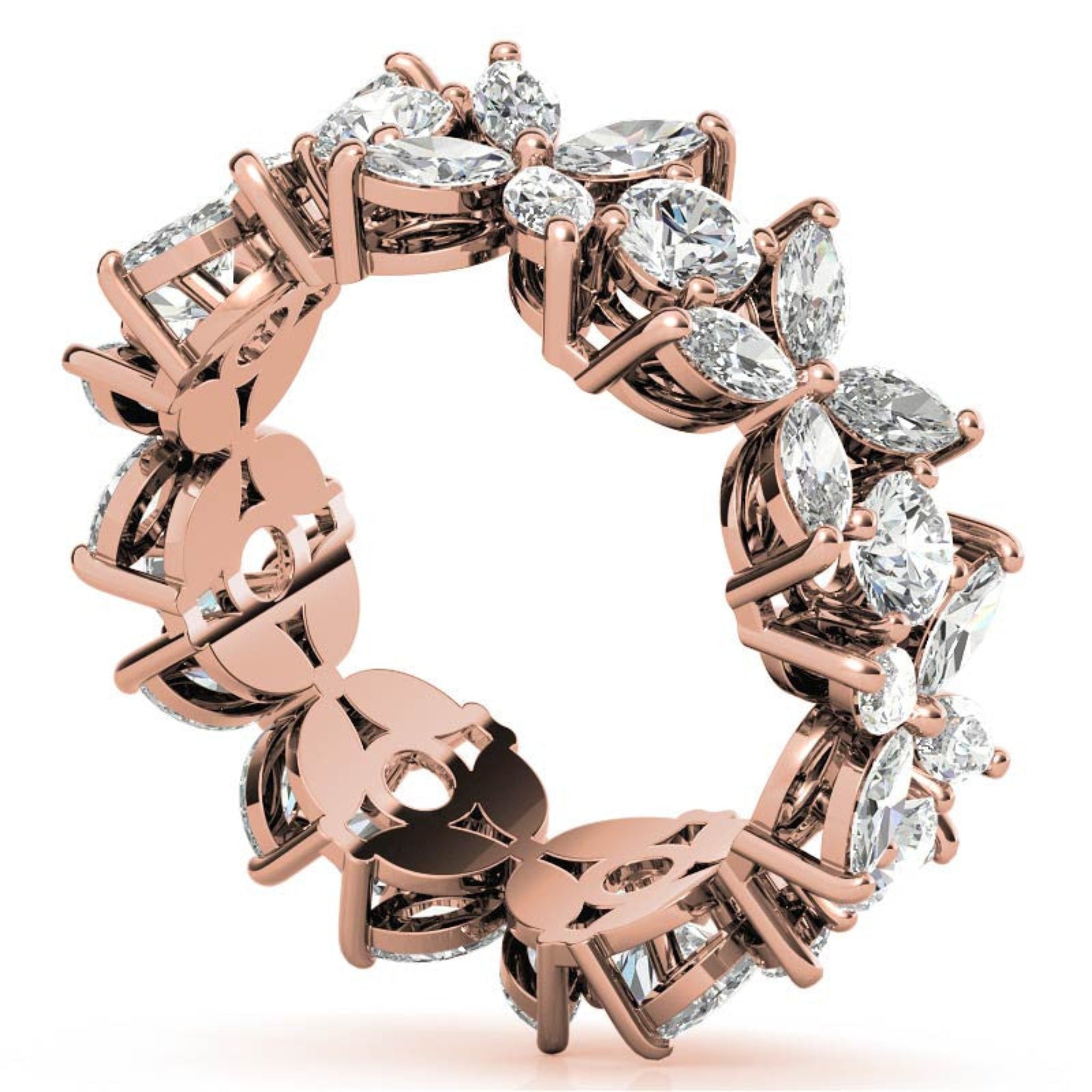 Graceful Sterling Silver Rose Gold Marquise and Round-Cut Diamond Floral Eternity Band For Women