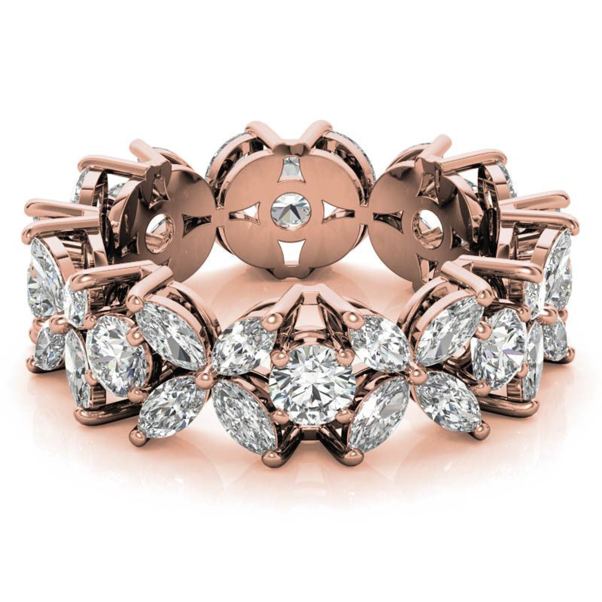 Adjustable Graceful Sterling Silver Rose Gold Marquise and Round-Cut Diamond Floral Eternity Band For Women