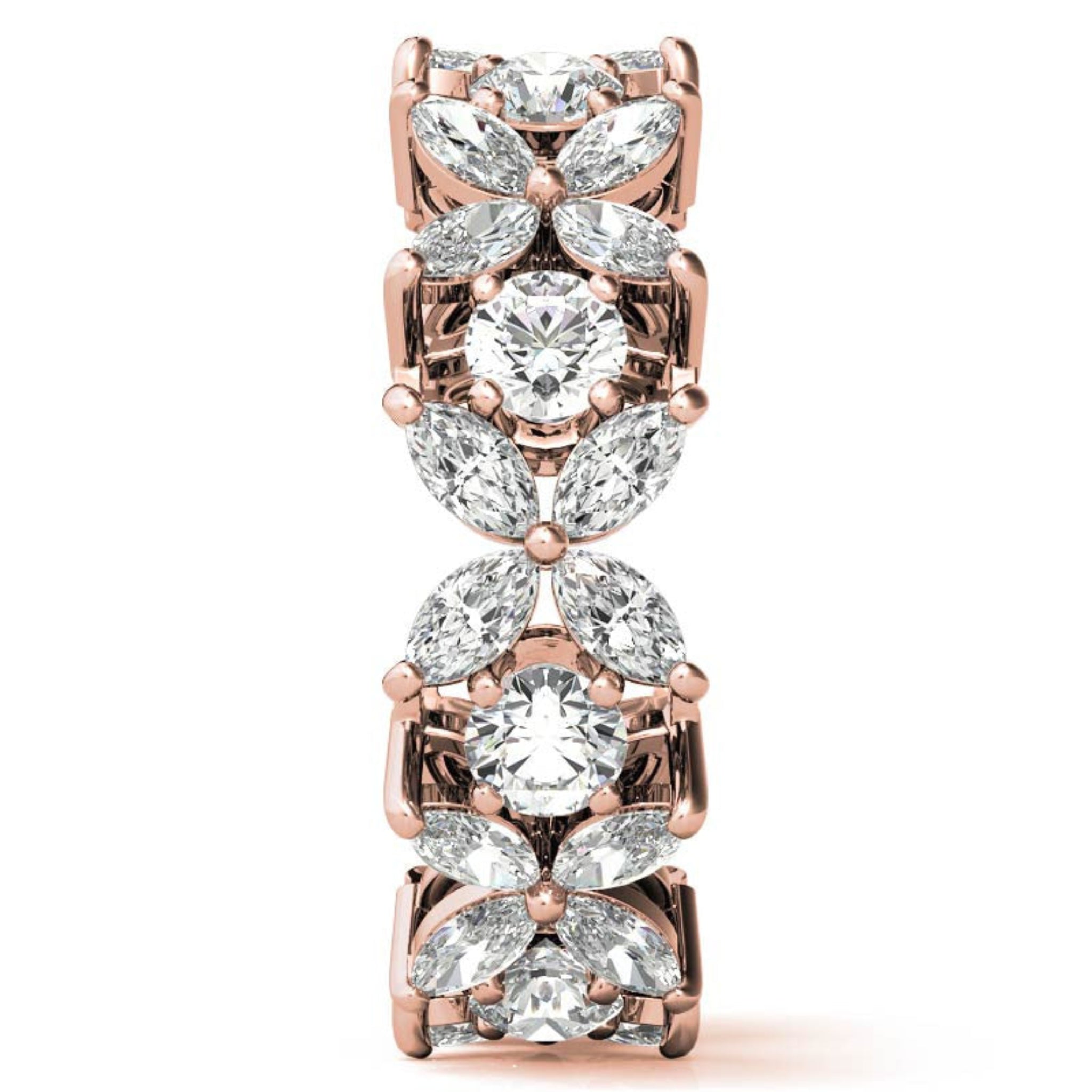 Graceful Sterling Silver Rose Gold Marquise and Round-Cut Diamond Floral Eternity Band For Women