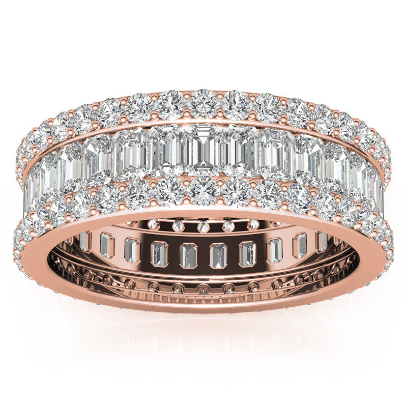 Three Tier Round and Emerald Cut Diamond Rose Gold Sparkling Sterling Silver Luxury Eternity Band For Women