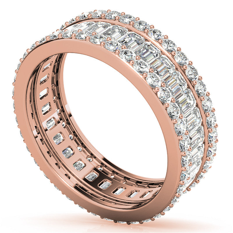 Three Tier Round and Emerald Cut Diamond Rose Gold Sparkling Sterling Silver Luxury Eternity Band For Women