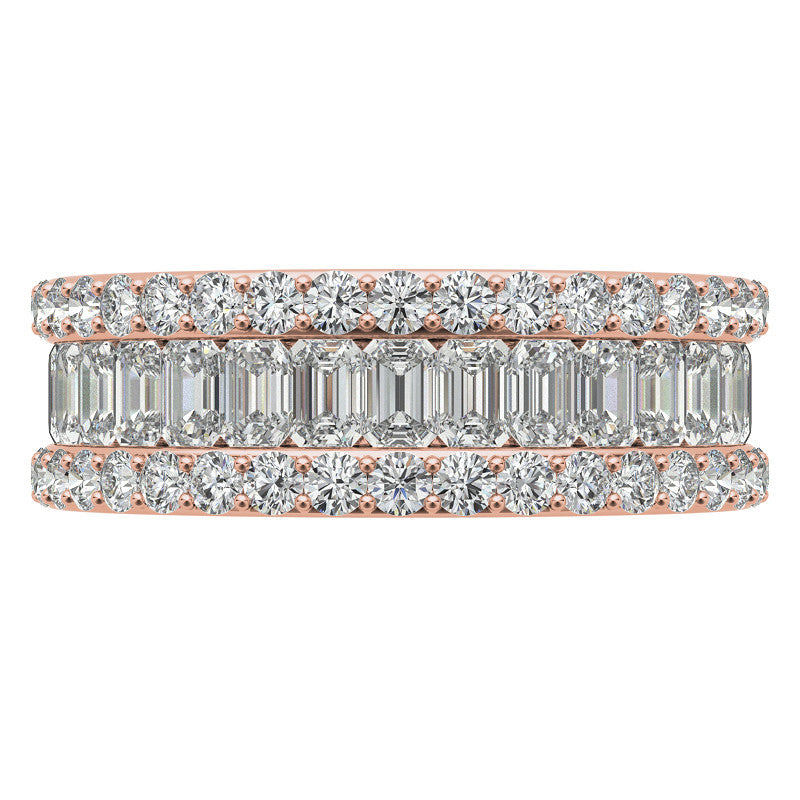 Three Tier Round and Emerald Cut Diamond Rose Gold Sparkling Sterling Silver Luxury Eternity Band For Women