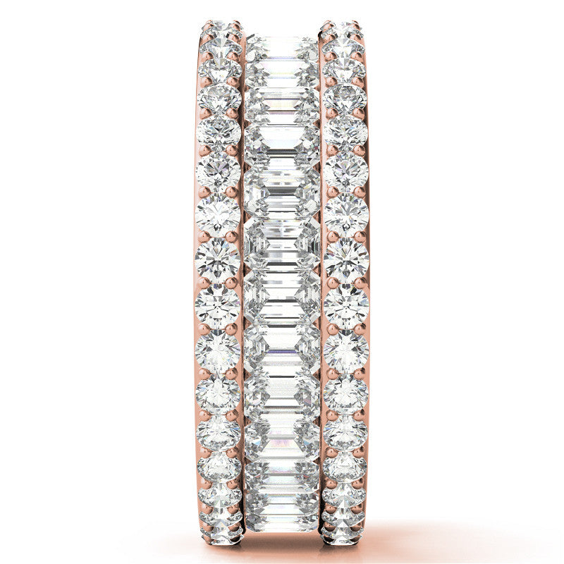 Three Tier Round and Emerald Cut Diamond Rose Gold Sparkling Sterling Silver Luxury Eternity Band For Women