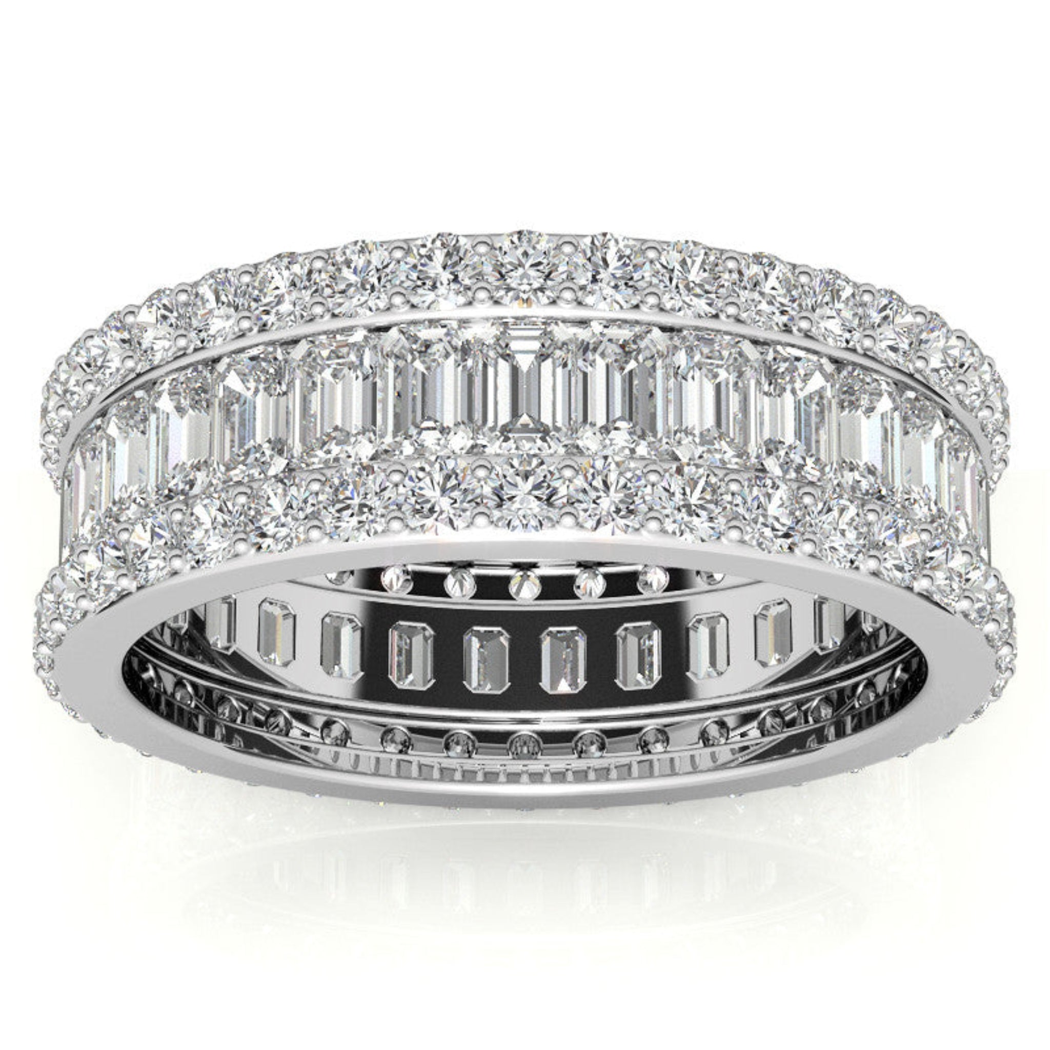 Three Tier Round and Emerald Cut Diamond White Gold Sparkling Sterling Silver Luxury Eternity Band For Women