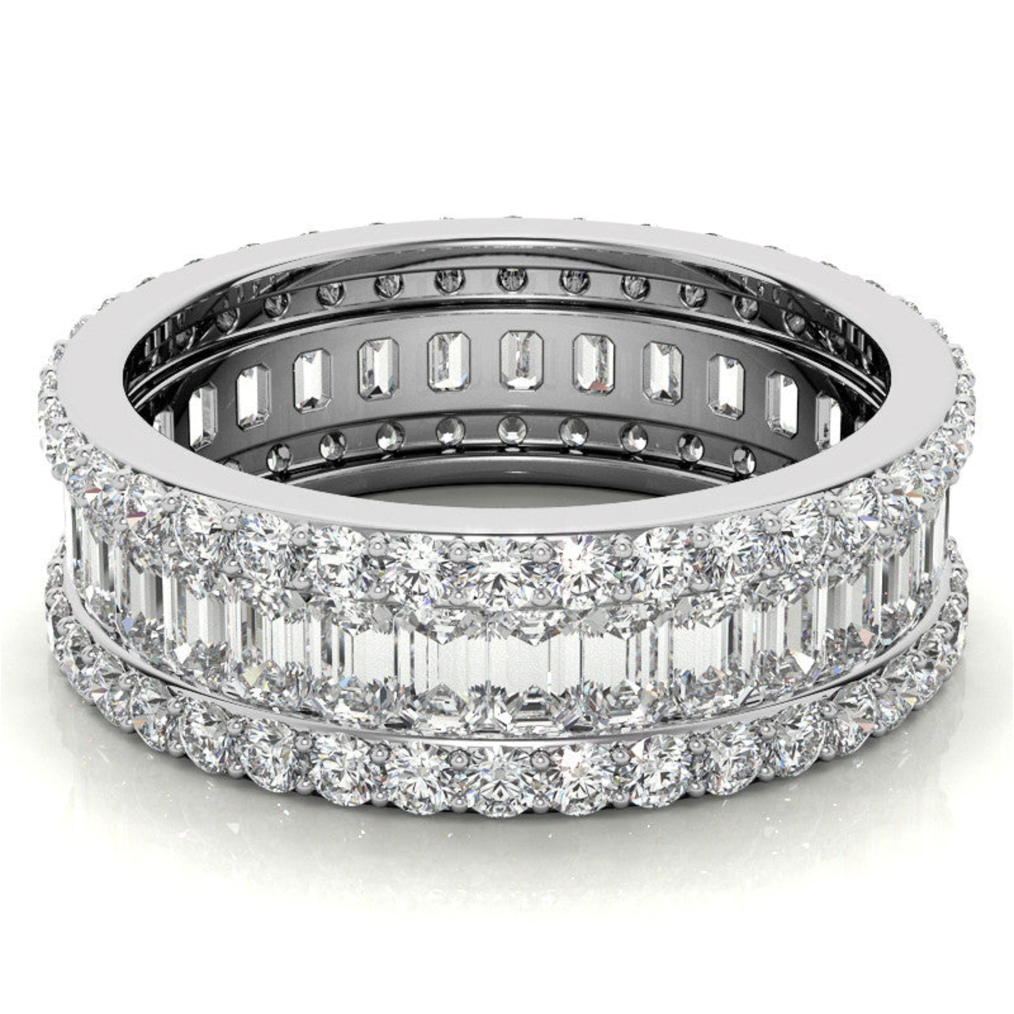 Three Tier Round and Emerald Cut Diamond White Gold Sparkling Sterling Silver Luxury Eternity Band For Women