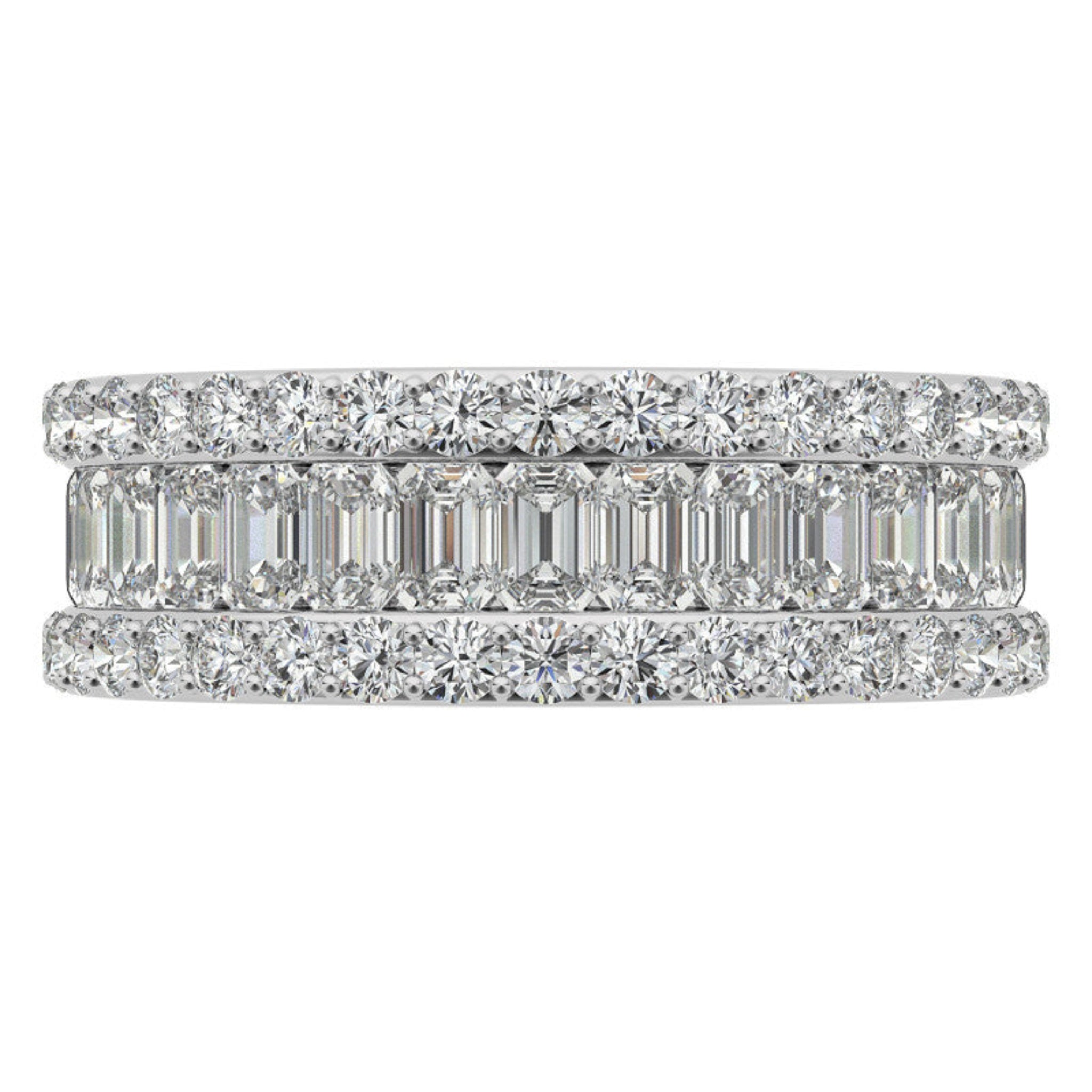 Three Tier Round and Emerald Cut Diamond White Gold Sparkling Sterling Silver Luxury Eternity Band For Women