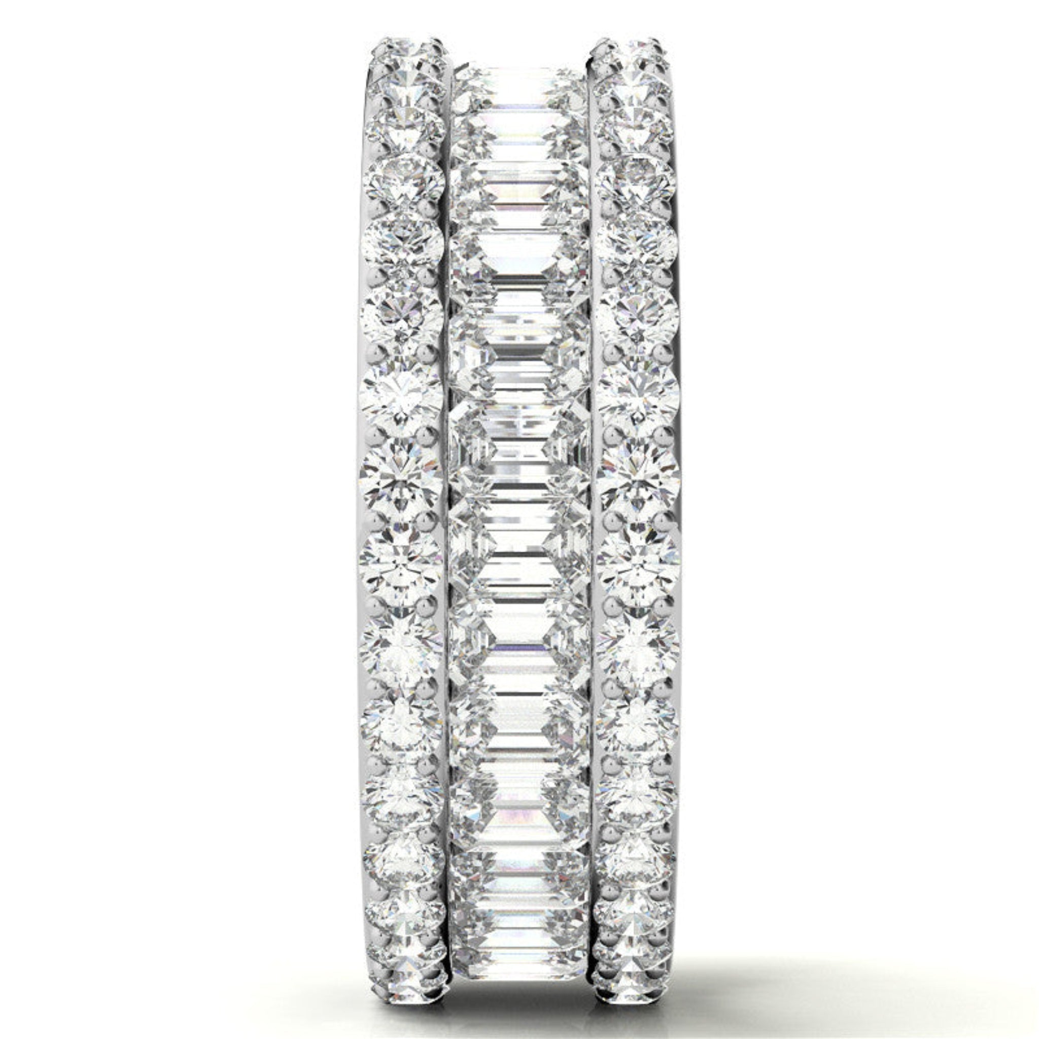 Three Tier Round and Emerald Cut Diamond White Gold Sparkling Sterling Silver Luxury Eternity Band For Women