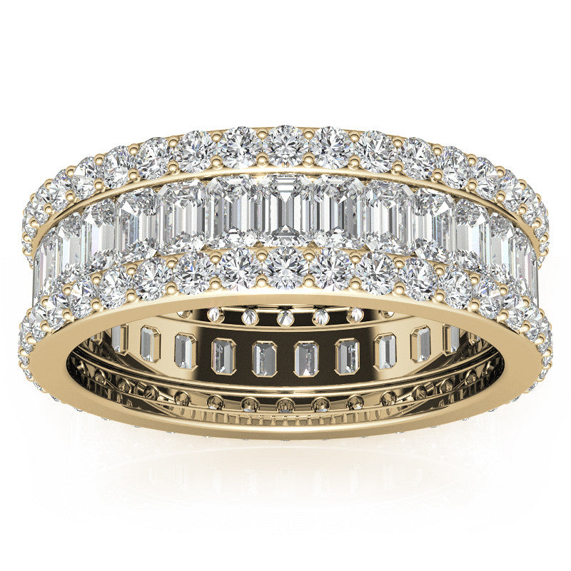 Three Tier Round and Emerald Cut Diamond Yellow Gold Sparkling Sterling Silver Luxury Eternity Band For Women