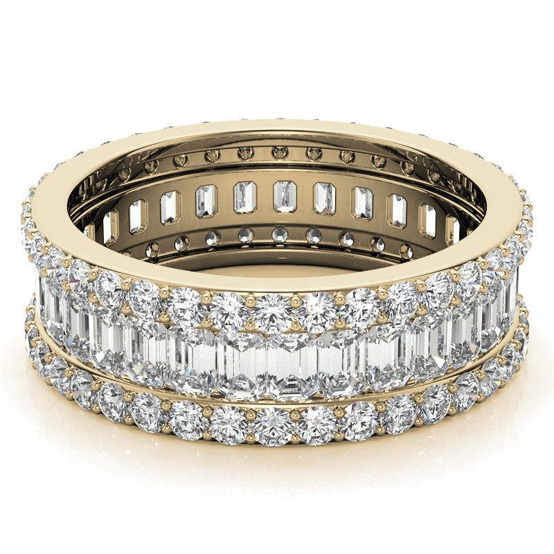 Three Tier Round and Emerald Cut Diamond Yellow Gold Sparkling Sterling Silver Luxury Eternity Band For Women