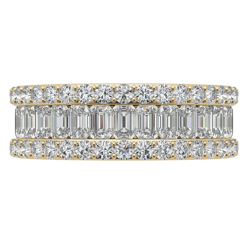 Three Tier Round and Emerald Cut Diamond Yellow Gold Sparkling Sterling Silver Luxury Eternity Band For Women