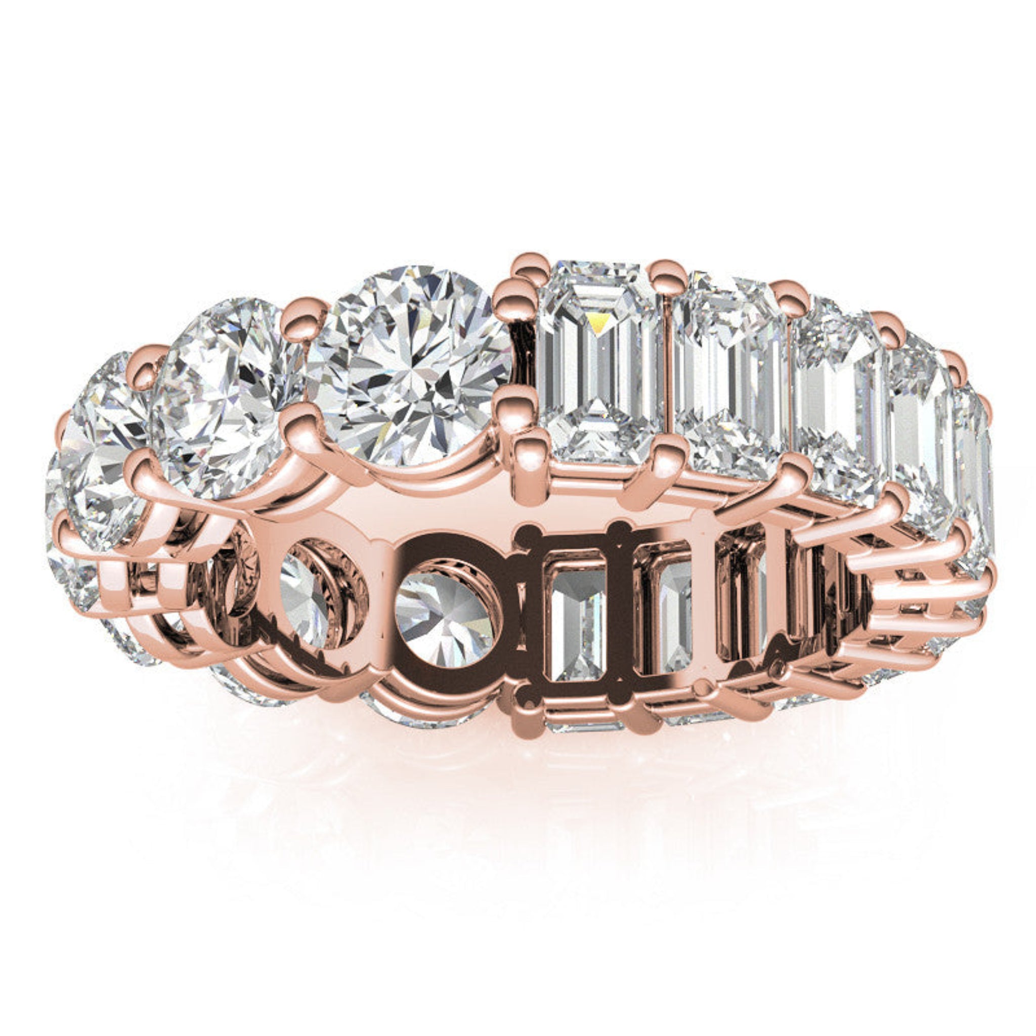 Sterling Silver Elegant Shimmering Round And Emerald Cut Diamonds Rose Gold Eternity Band For Women