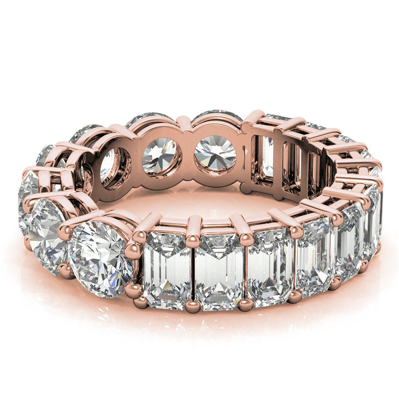 Sterling Silver Elegant Shimmering Round And Emerald Cut Diamonds Rose Gold Eternity Band For Women